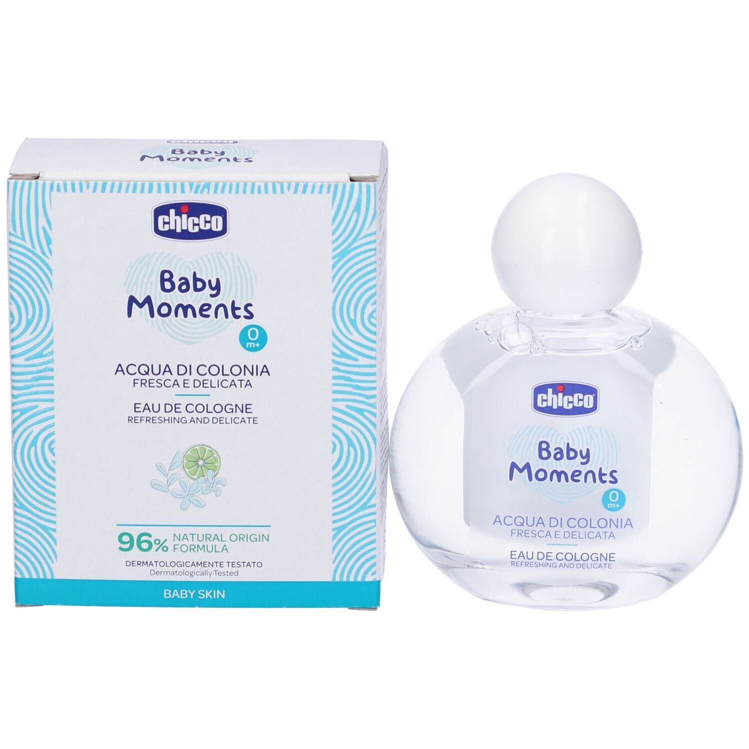 Prodotto e confezione. Flacone in vetro e scatola. Scritta: Chicco Baby Moments, Acqua di Colonia, 96% origine naturale.