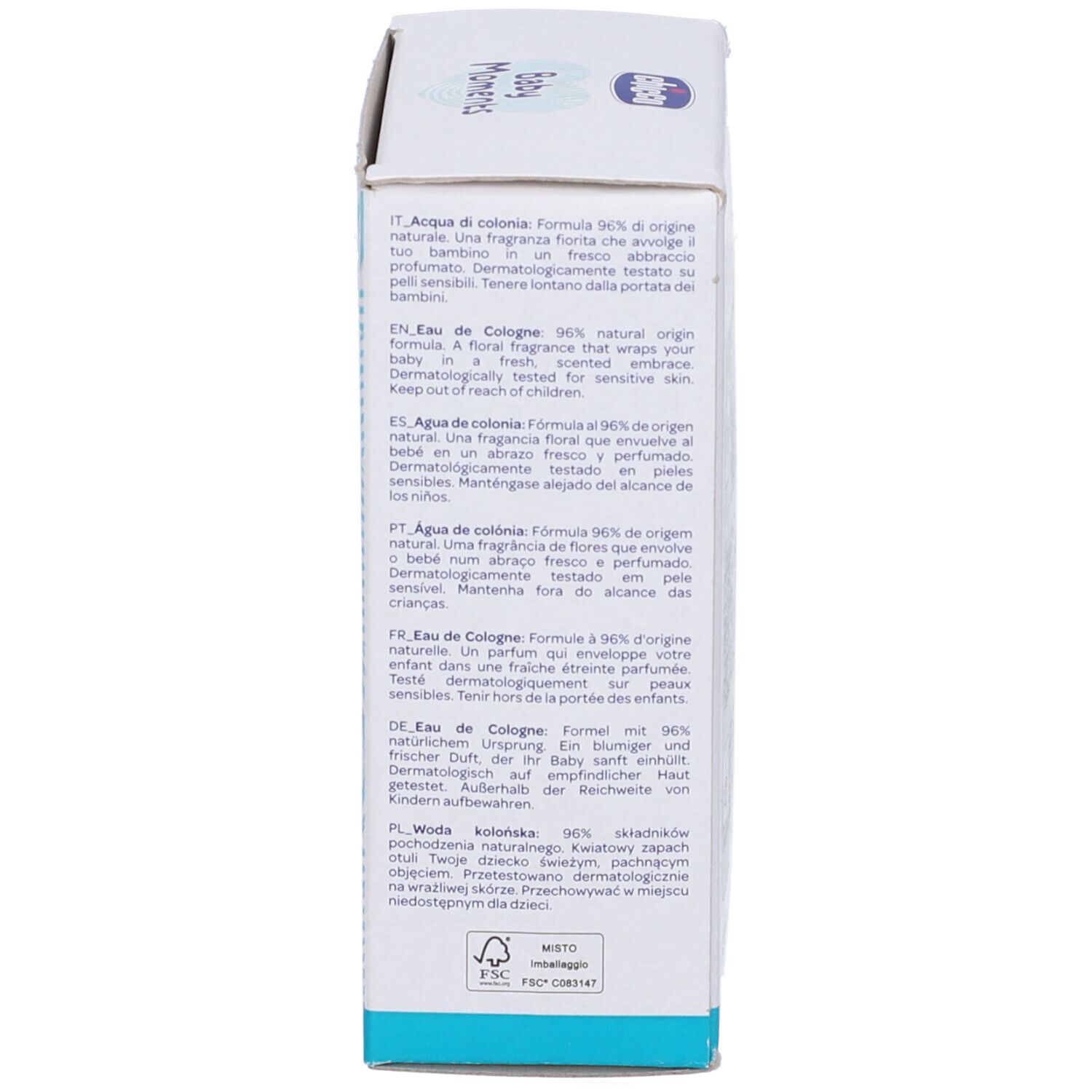 Lato della confezione in cartone. Descrizione multilingue del prodotto. Ingredienti, istruzioni, produttore.