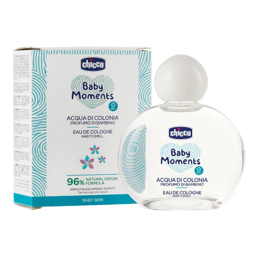 Chicco Baby Moments Eau de Cologne. Bottiglia e confezione. Scritta: Baby Moments, Eau de Cologne, 96% Natural Origin.