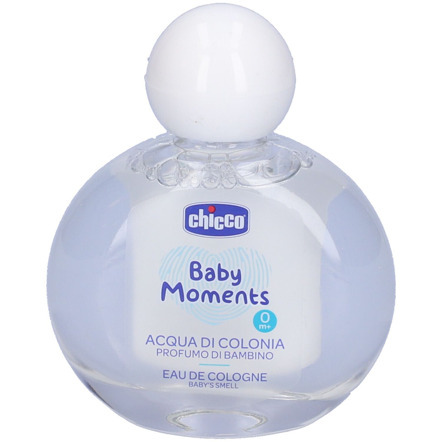 Chicco Baby Moments Eau de Cologne. Bottiglia rotonda con tappo bianco. Scritta: Baby Moments, Eau de Cologne.