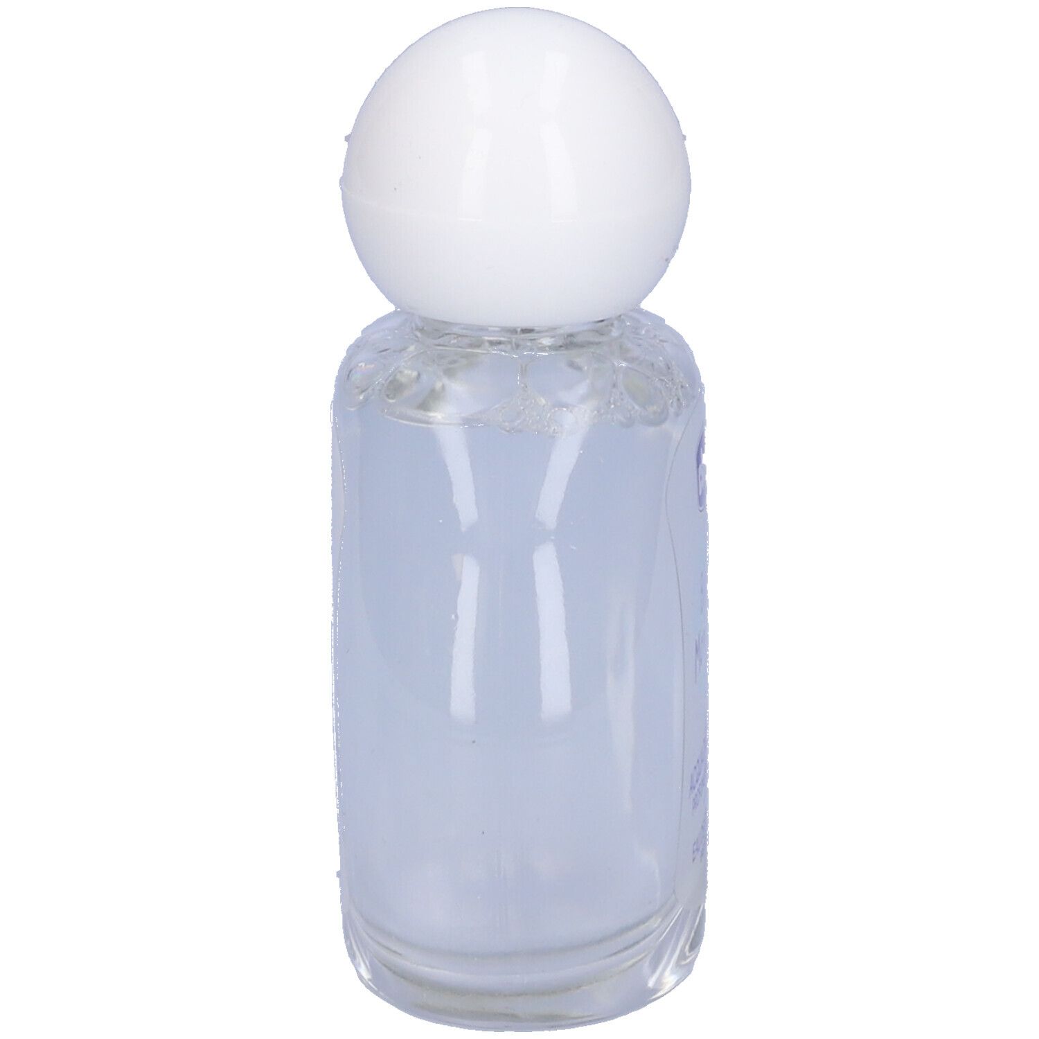 Chicco Baby Moments Eau de Cologne. Bottiglia piccola e rotonda con tappo bianco. Etichetta prodotto illeggibile.