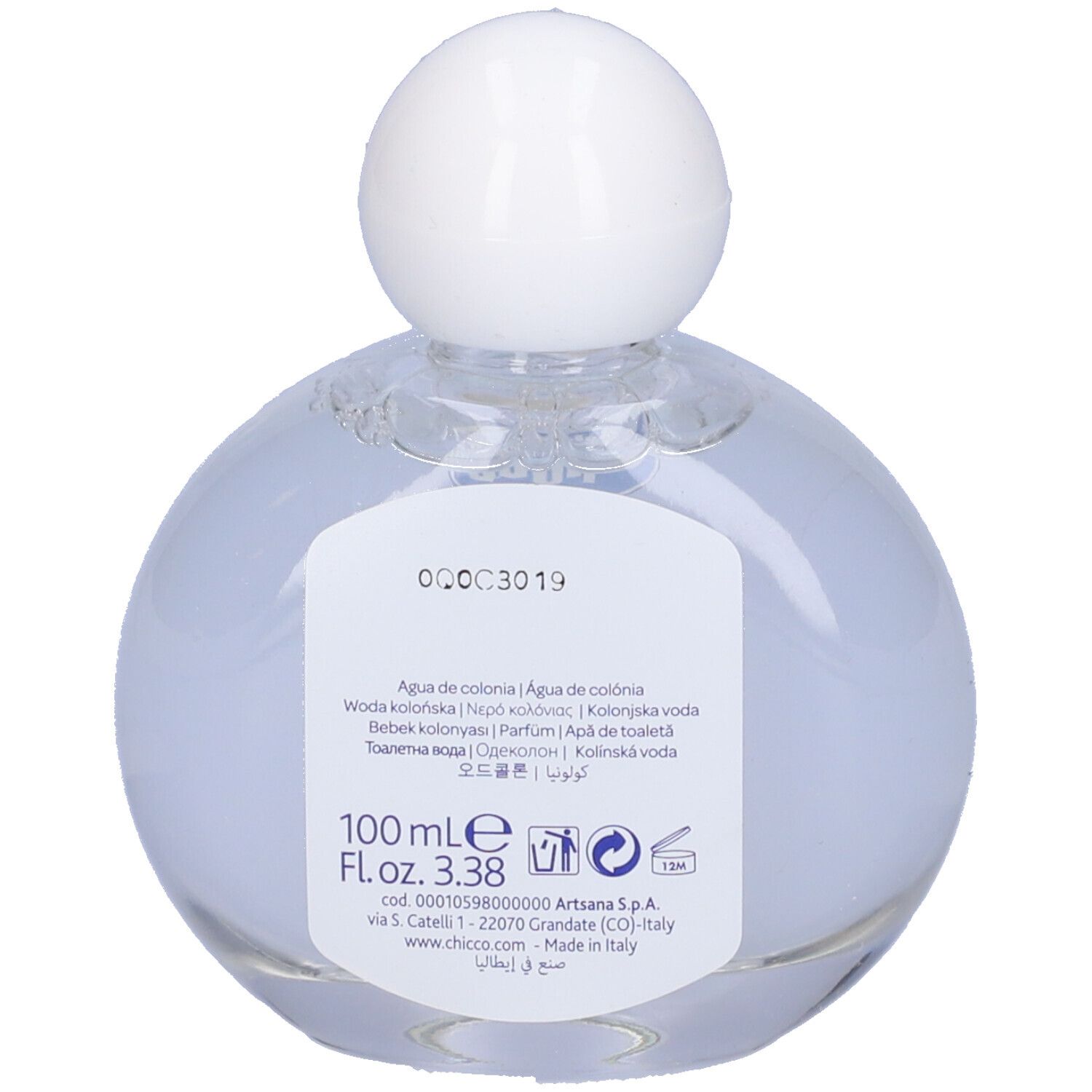 Chicco Baby Moments Eau de Cologne. Retro della bottiglia. Etichetta con informazioni sul prodotto e produttore.
