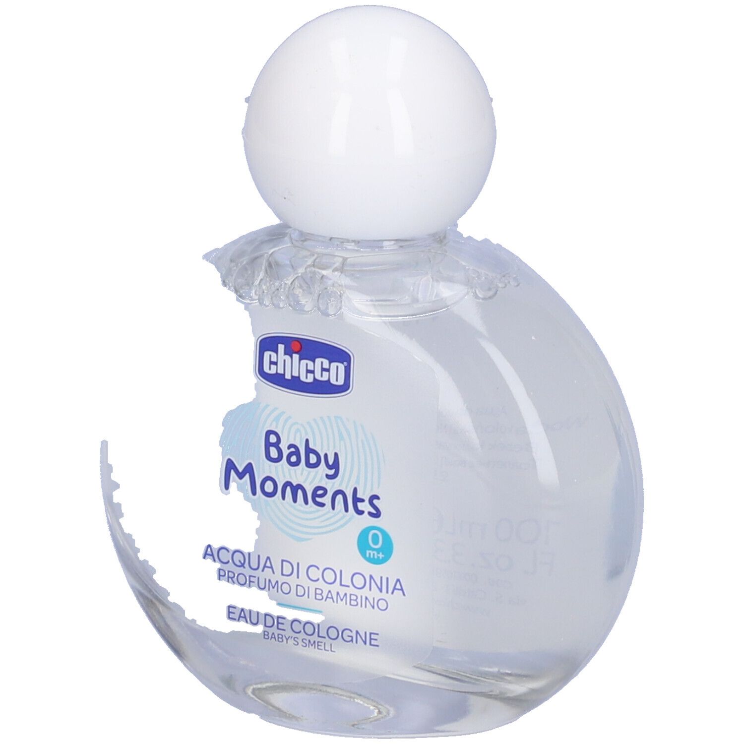 Chicco Baby Moments Eau de Cologne. Bottiglia rotonda con tappo bianco. Etichetta parzialmente danneggiata.