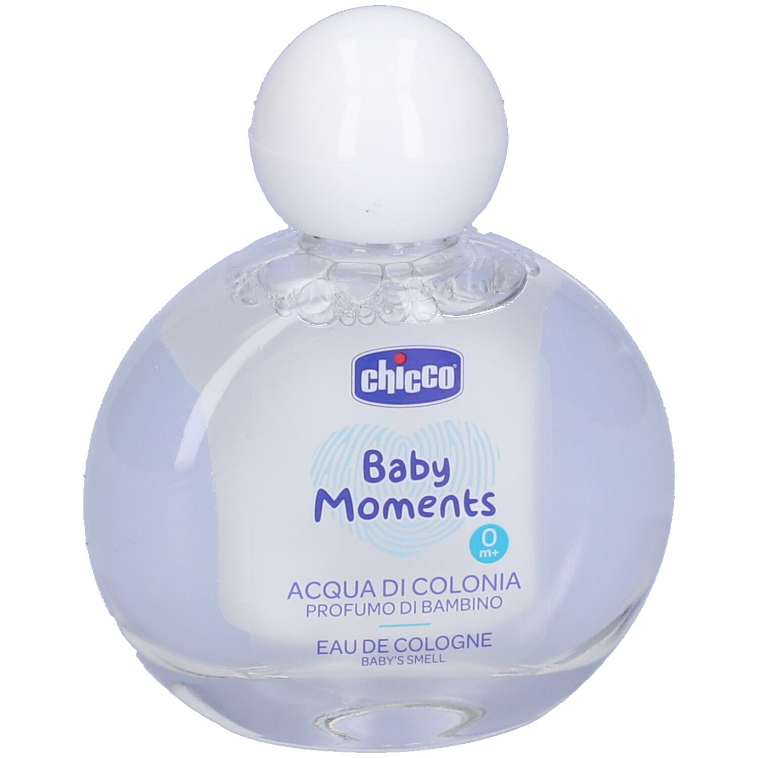 Chicco Baby Moments Eau de Cologne. Bottiglia rotonda con tappo bianco. Scritta: Baby Moments, Eau de Cologne.