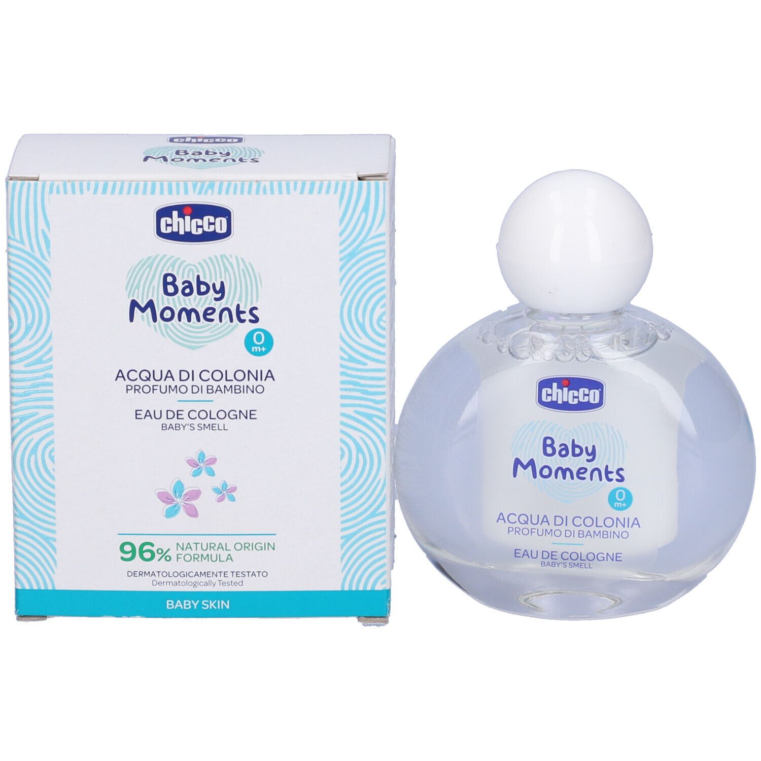 Chicco Baby Moments Eau de Cologne. Bottiglia e confezione. Scritta: Baby Moments, Eau de Cologne, 96% Natural Origin.