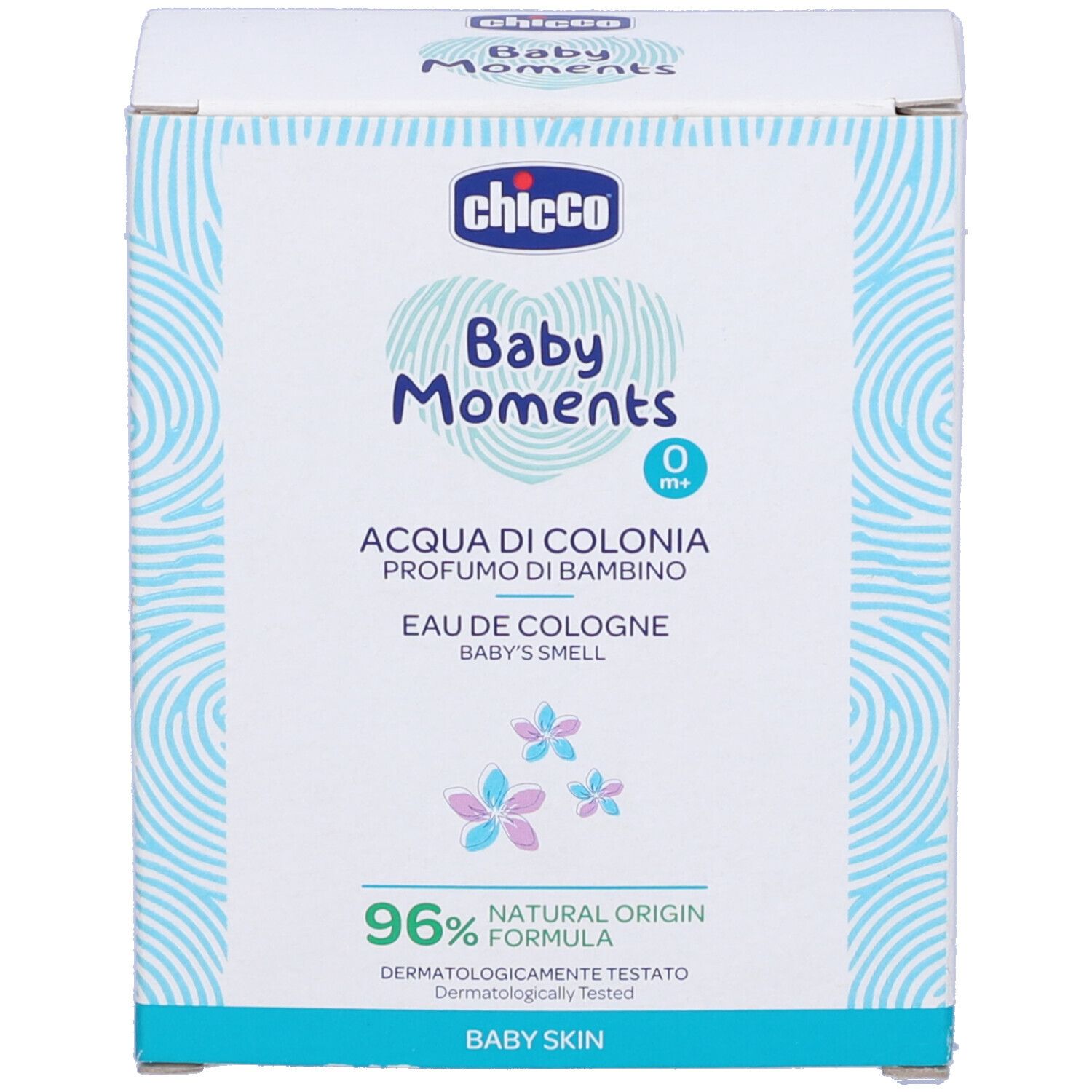 Chicco Baby Moments Eau de Cologne. Confezione. Scritta: Baby Moments, Eau de Cologne, 96% Natural Origin.