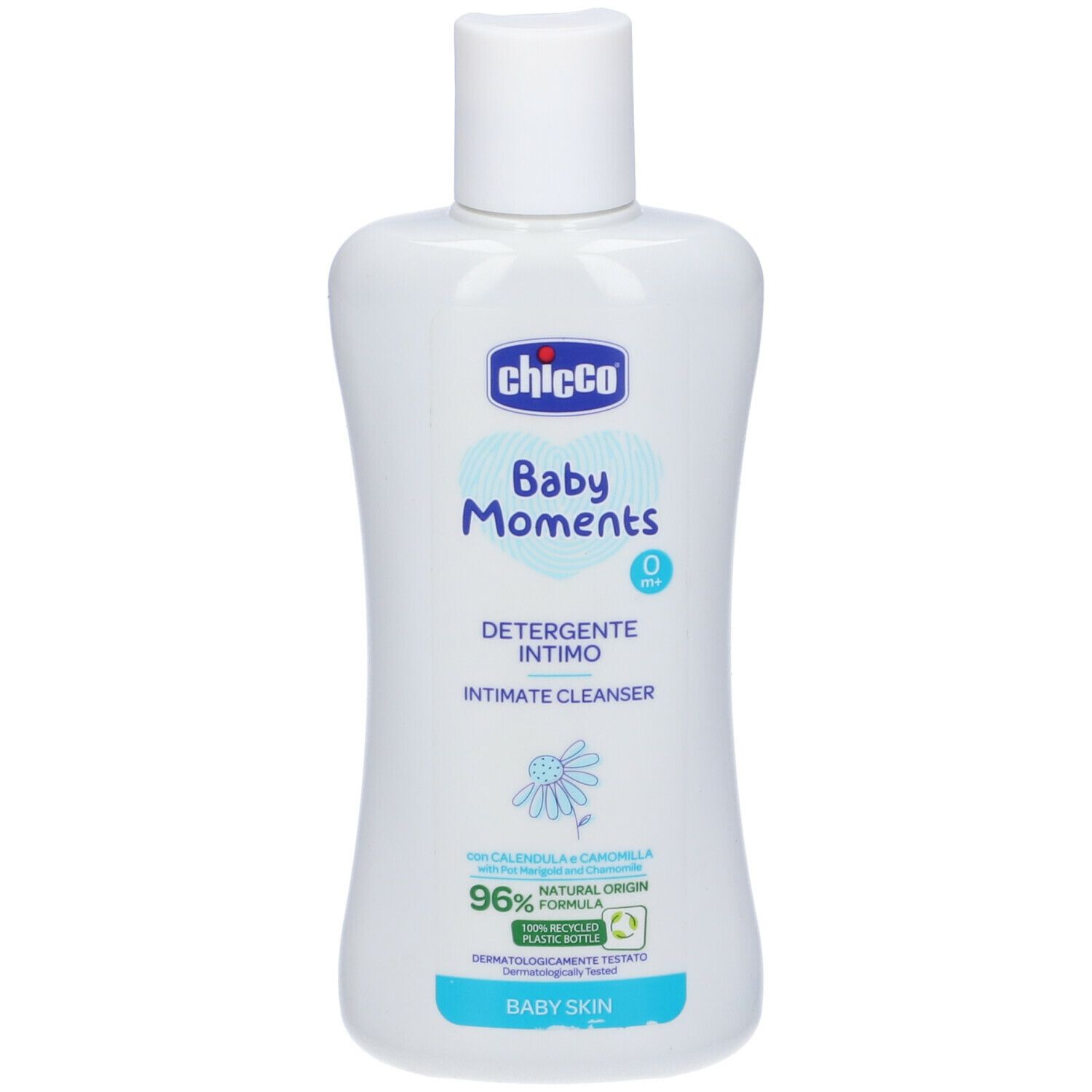 Flacone bianco "chicco Baby Moments". "Detergente Intimo" con camomilla. Formula 96% naturale. Per la pelle del bambino. Bottiglia riciclata.