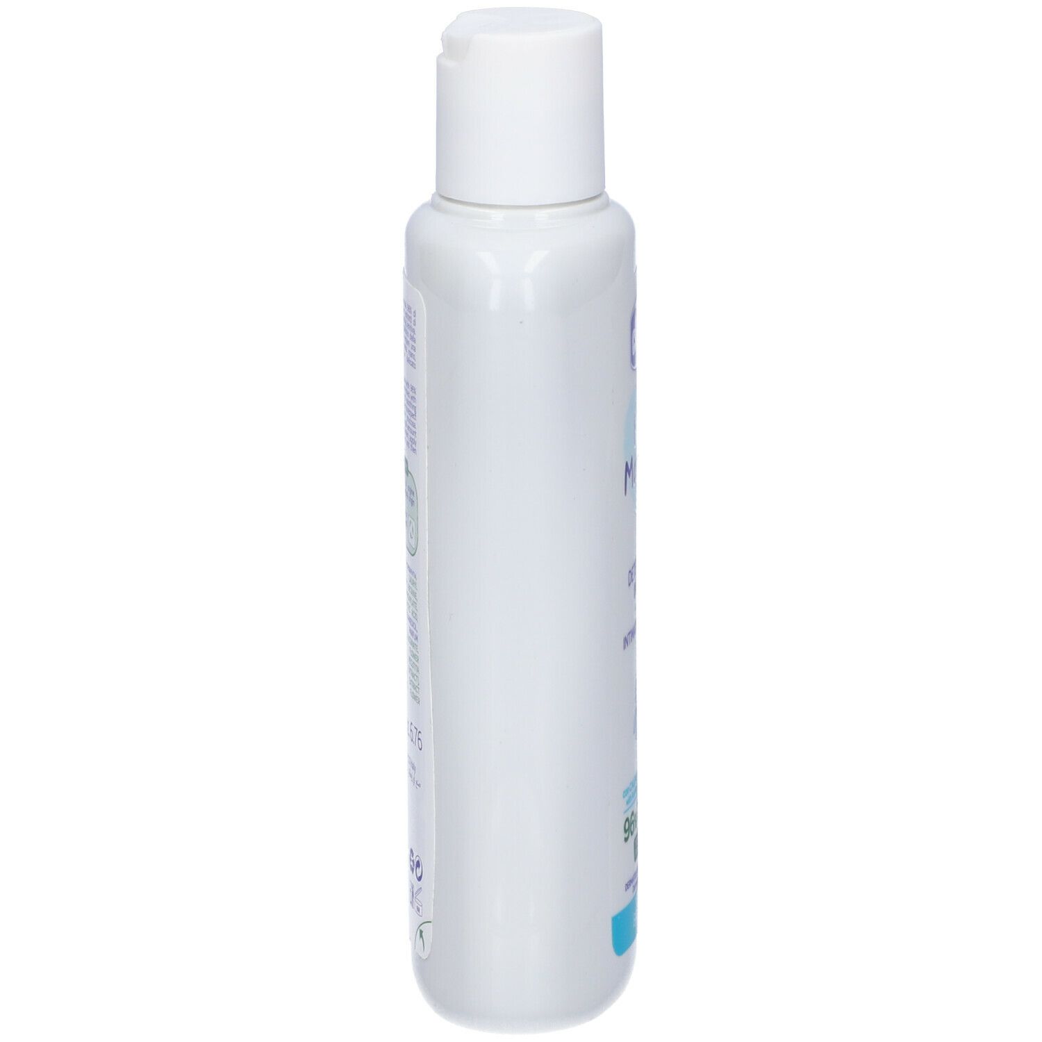 Flacone bianco, vista laterale. Testo: "chicco Baby Moments". "Detergente Intimo". 96% formula naturale. Per la pelle del bambino. Bottiglia riciclata.