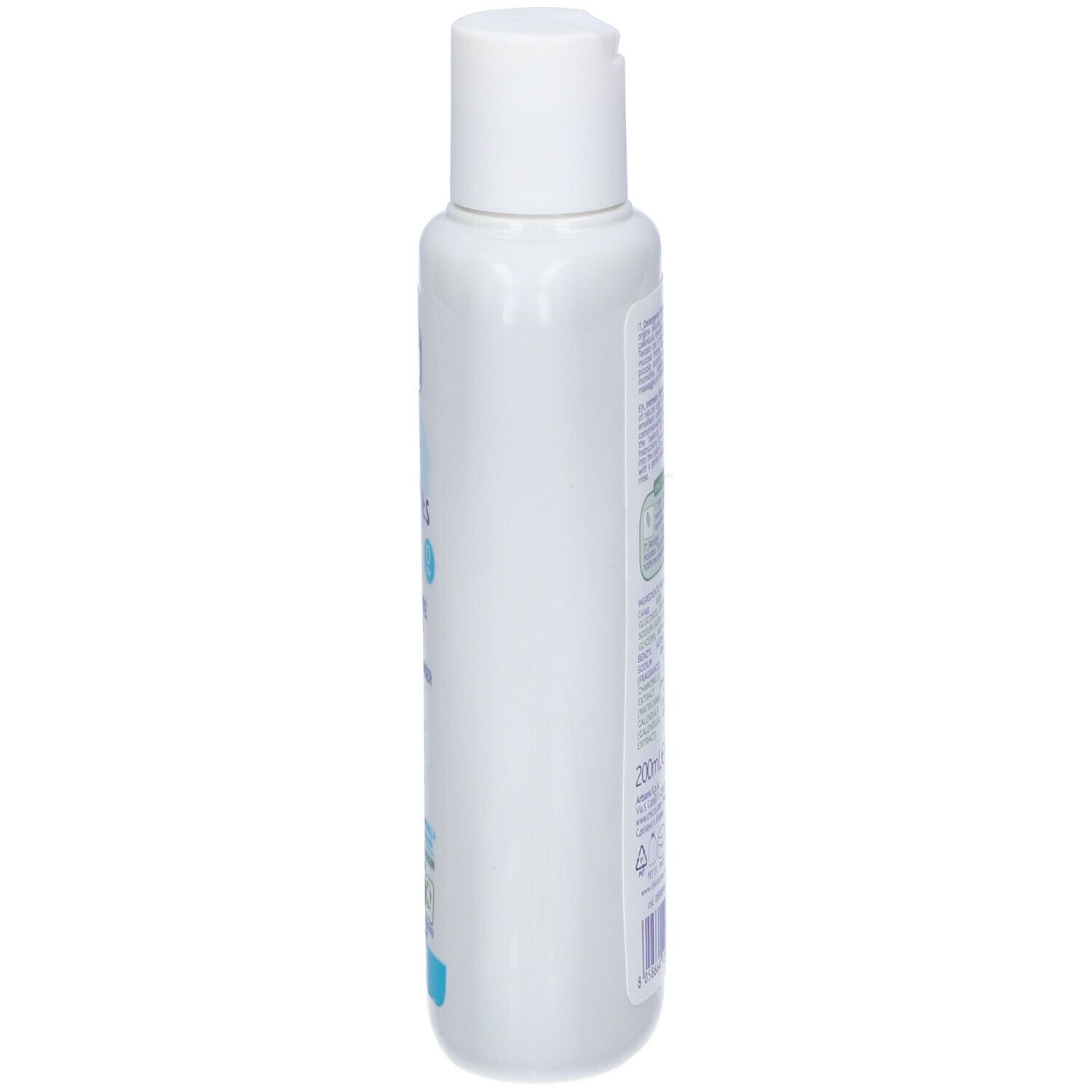 Flacone bianco, vista laterale. Testo: "chicco Baby Moments". "Detergente Intimo". 96% formula naturale. Per la pelle del bambino. Bottiglia riciclata.