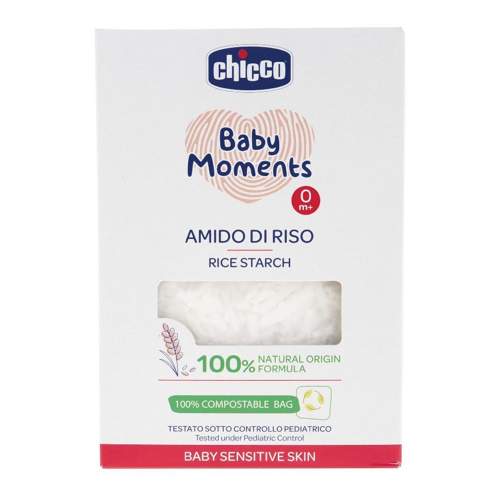 Confezione di "Amido di Riso" e "Rice Starch". Loghi "Chicco" e "Baby Moments". Scritta "Baby Sensitive Skin". Confezione compostabile.