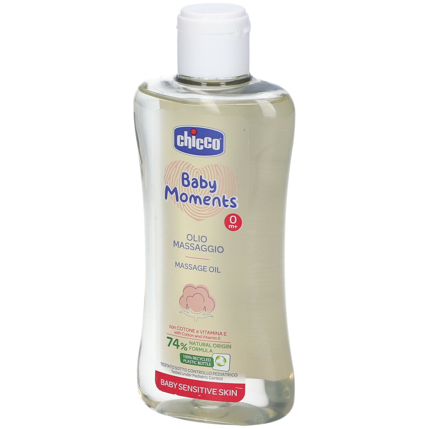 Flacone trasparente con tappo bianco. Scritta: Chicco Baby Moments, Olio Massaggio, Massage Oil. 74% Natural Origin Formula.