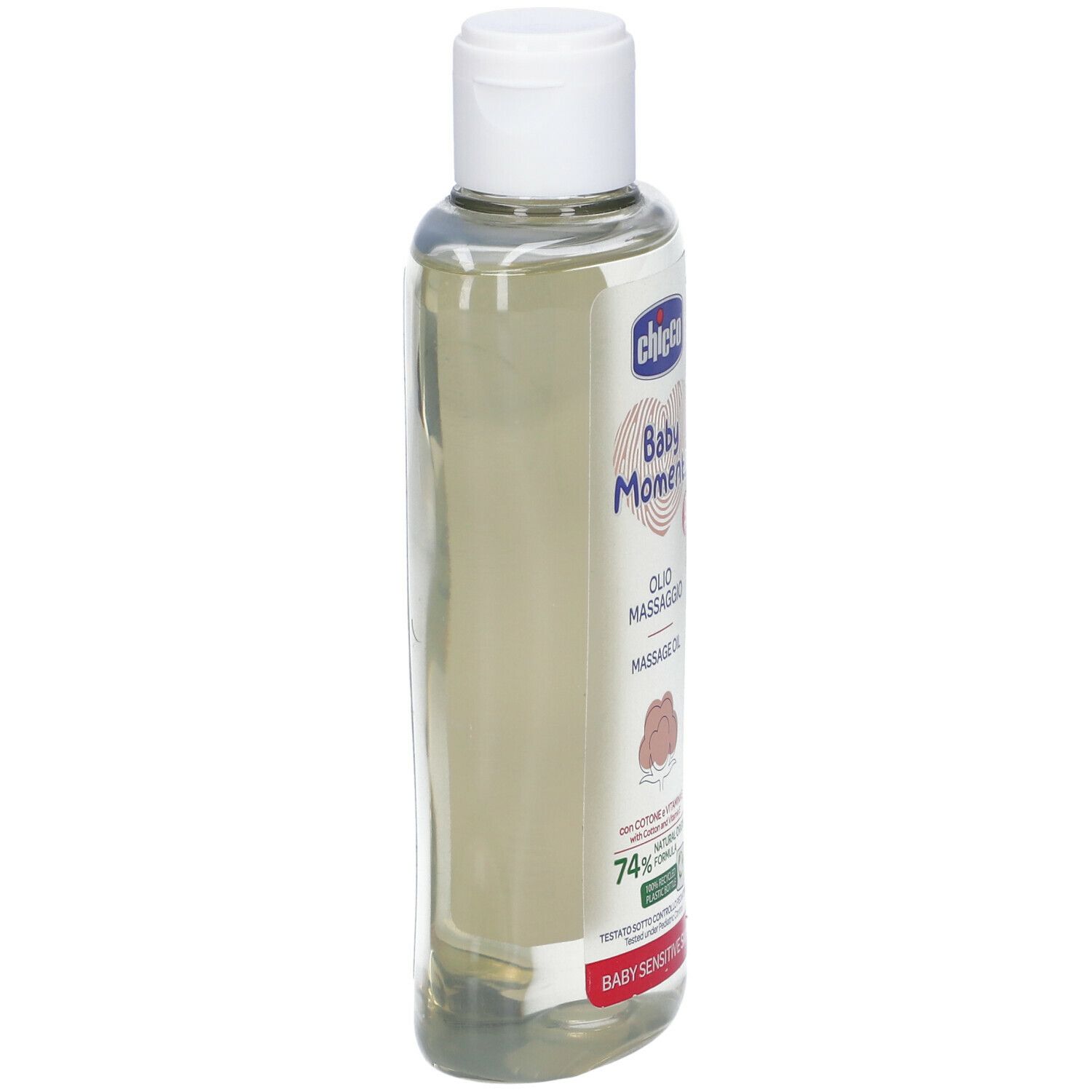 Flacone trasparente con tappo bianco. Scritta: Chicco Baby Moments, Olio Massaggio, Massage Oil. 74% Natural Origin Formula.