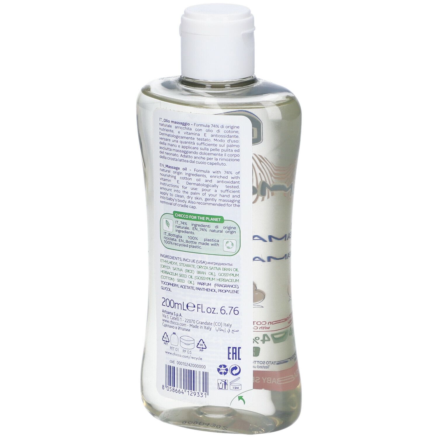 Retro di un flacone trasparente. Testo: Olio massaggio, 200ml, ingredienti, 74% Natural Origin Formula, Baby Sensitive Skin.