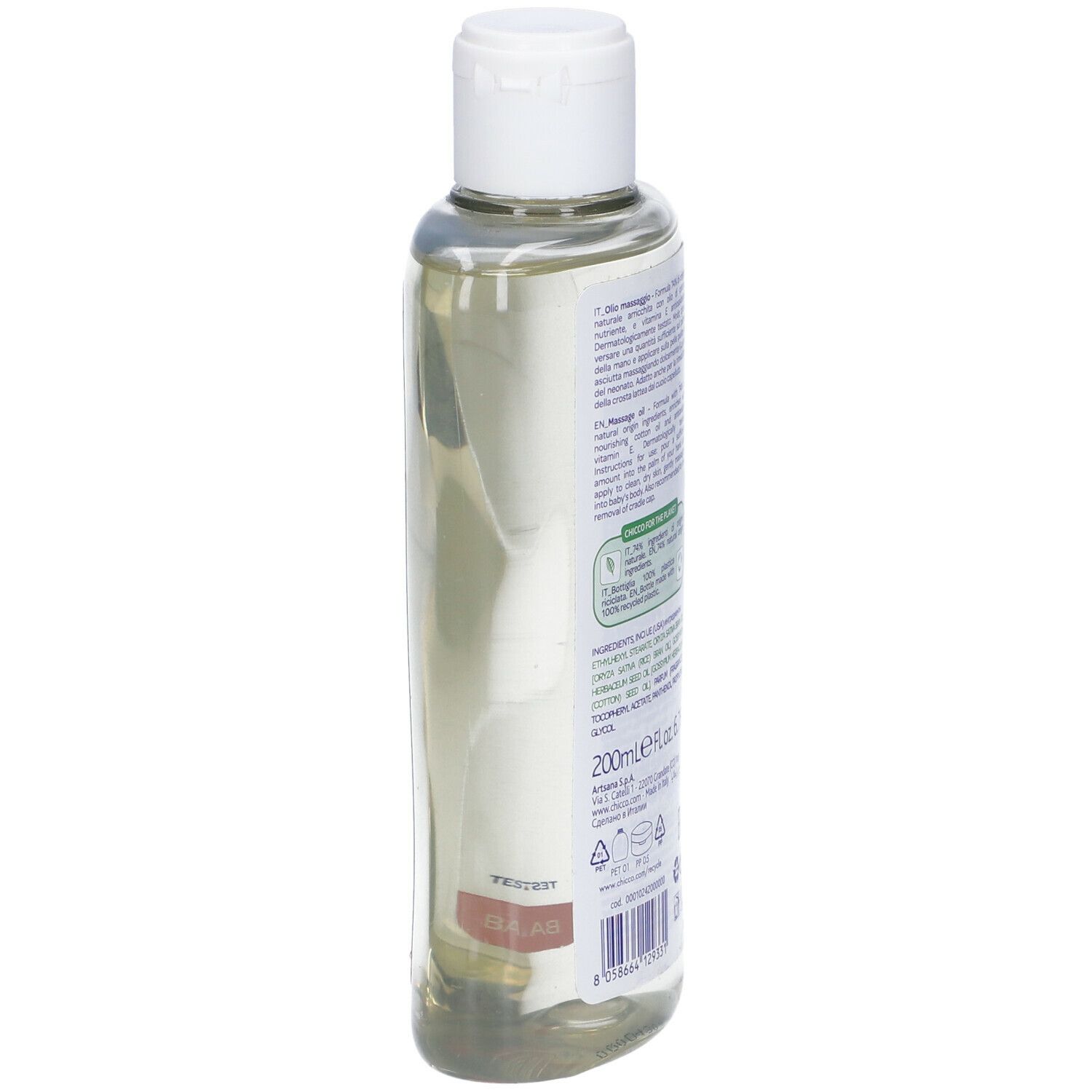 Retro di un flacone trasparente. Testo: Olio massaggio, 200ml, ingredienti, 74% Natural Origin Formula, Baby Sensitive Skin.
