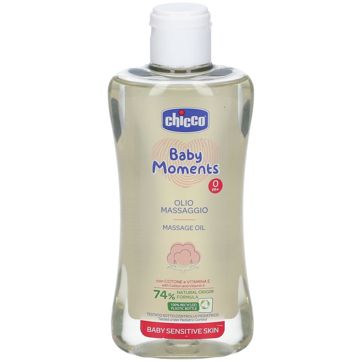 Flacone trasparente con tappo bianco. Scritta: Chicco Baby Moments, Olio Massaggio, Massage Oil. 74% Natural Origin Formula.