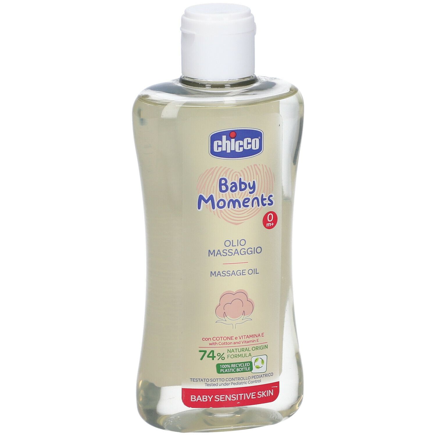 Flacone trasparente con tappo bianco. Scritta: Chicco Baby Moments, Olio Massaggio, Massage Oil. 74% Natural Origin Formula.