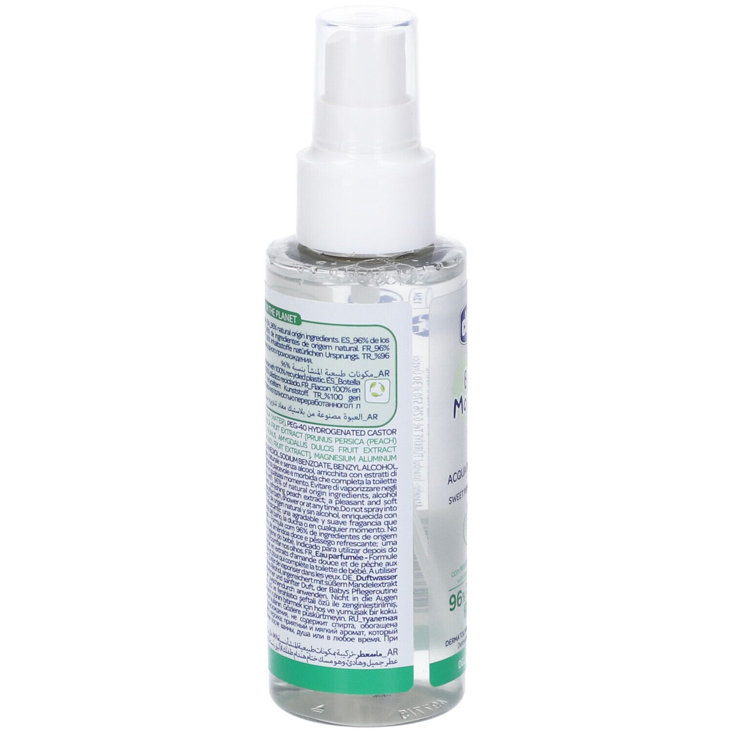 Retro del flacone spray bianco con etichetta verde. Testo: ingredienti, Chicco, 96% ingredienti naturali, riciclabile.