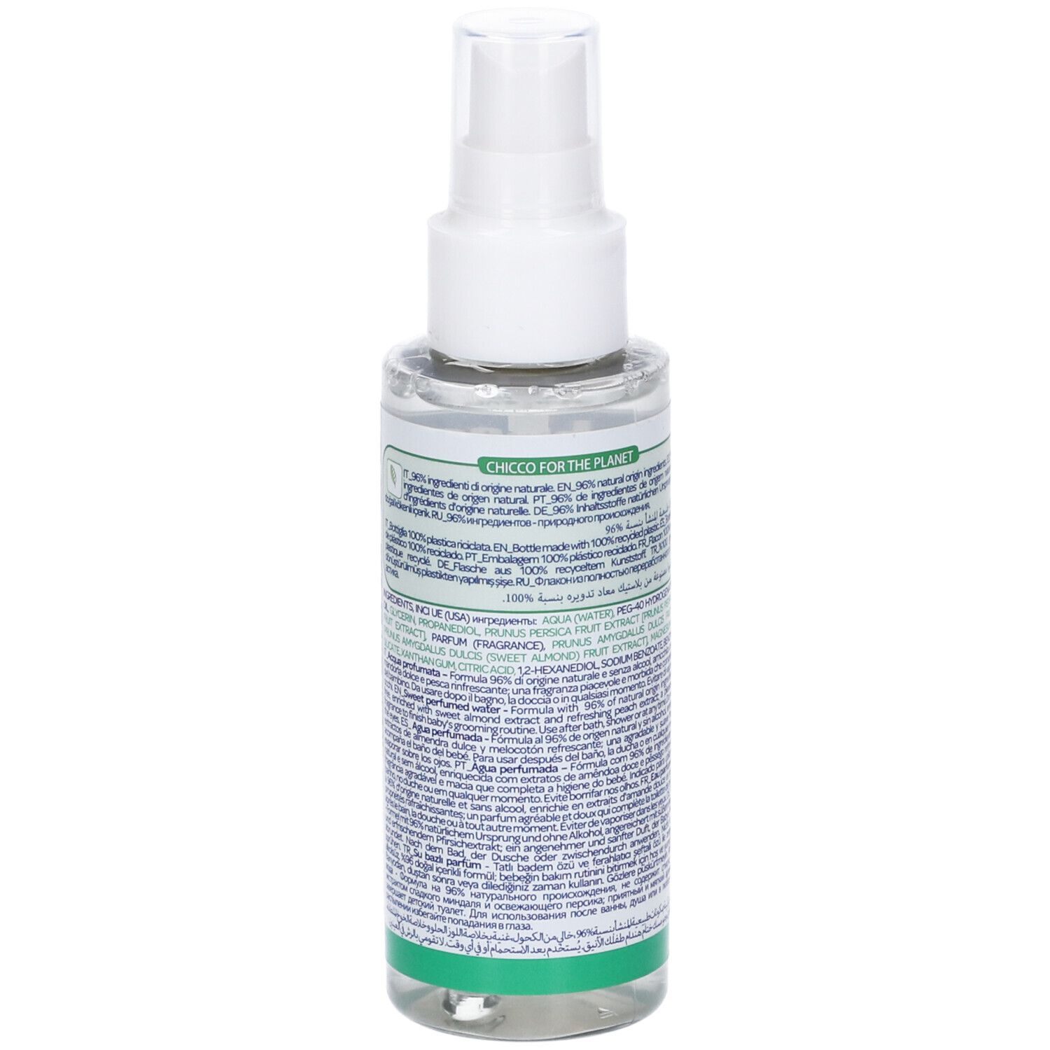 Retro del flacone spray bianco con etichetta verde. Testo: ingredienti, Chicco, 96% ingredienti naturali, riciclabile.