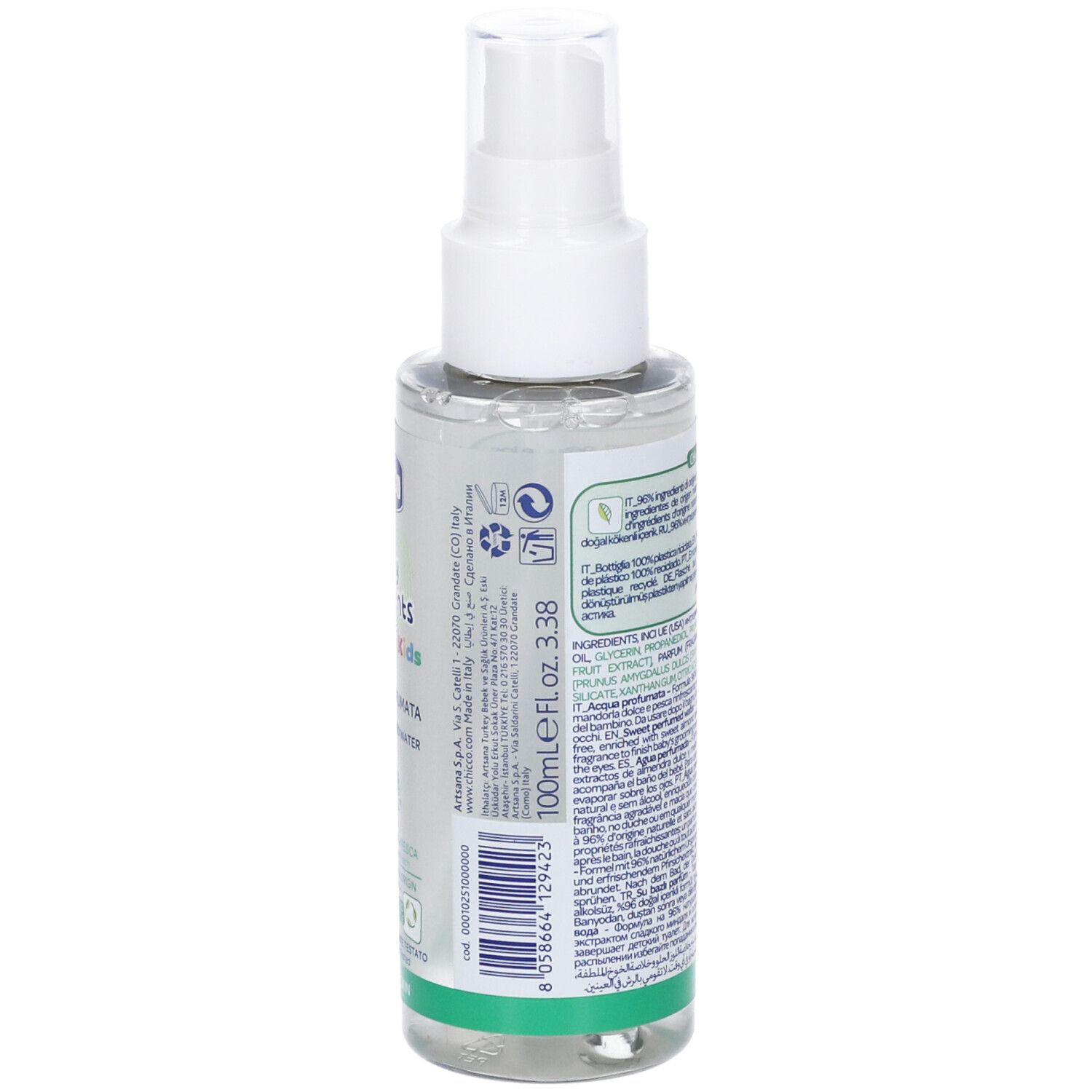Retro del flacone spray bianco con etichetta verde. Testo: ingredienti, Chicco, 96% ingredienti naturali, 100ml.