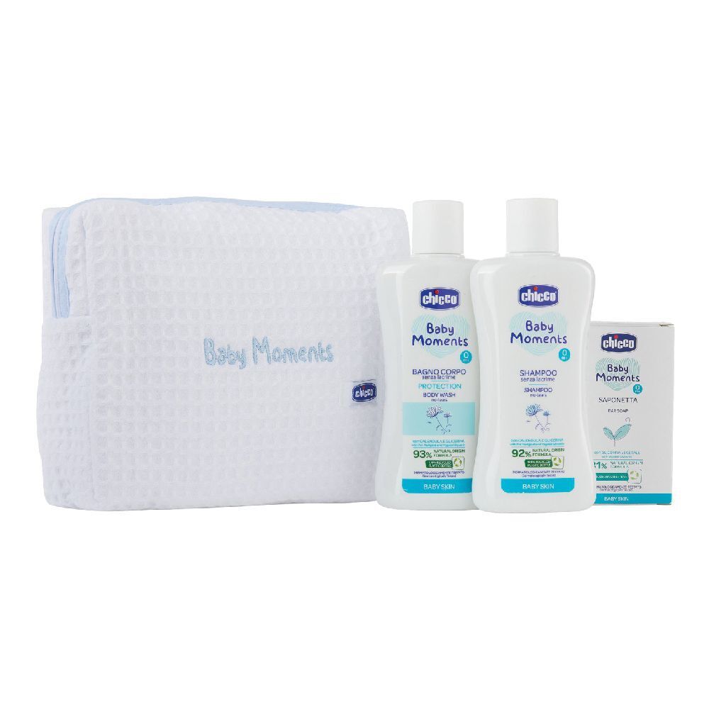 Set beauty bianco per bambini con prodotti per la cura. Include borsa, shampoo, bagnoschiuma e sapone. Marca: Chicco Baby Moments.