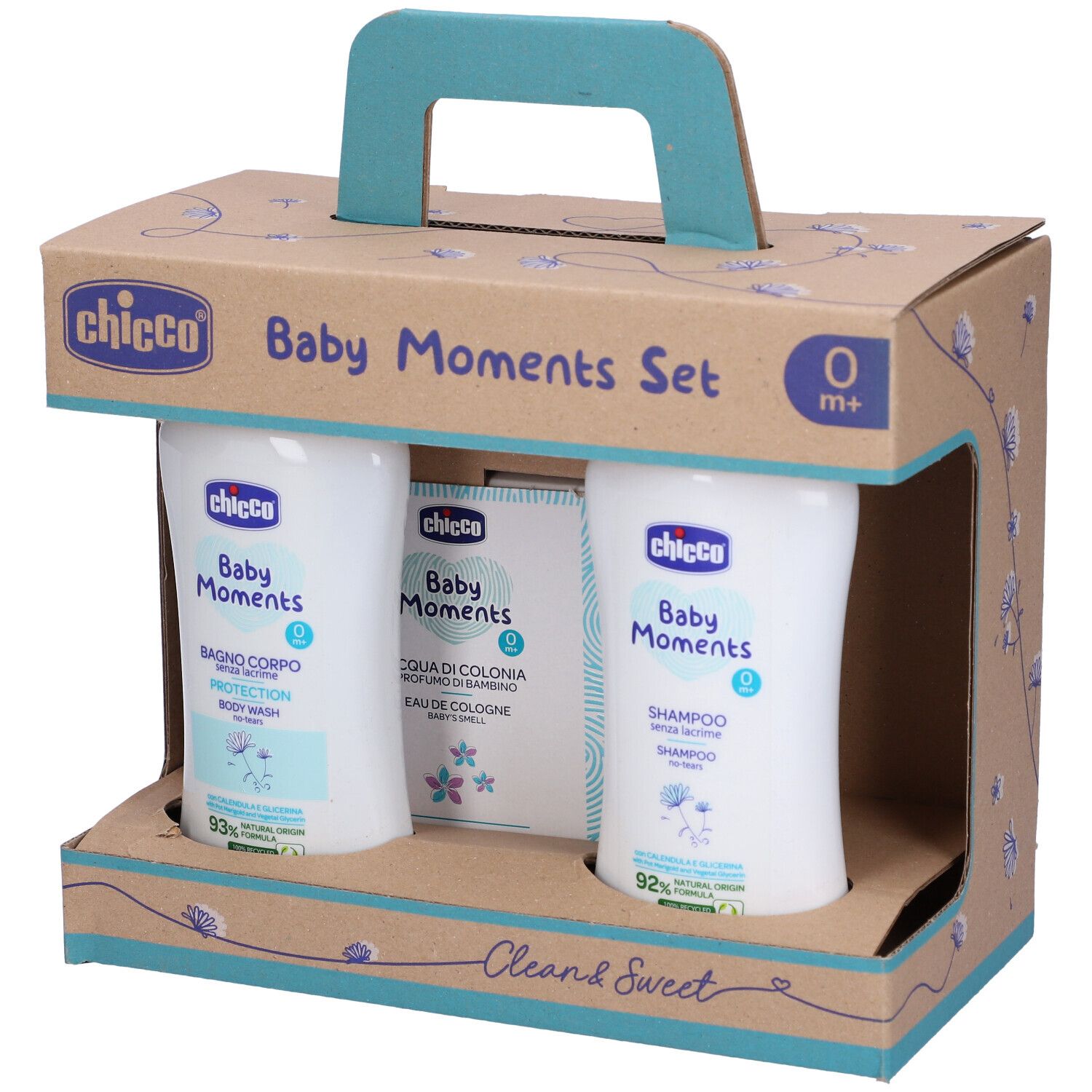 Set di prodotti per l'infanzia in confezione di cartone con manico. Contiene flaconi e sapone. Scritta: Baby Moments, 0m+.