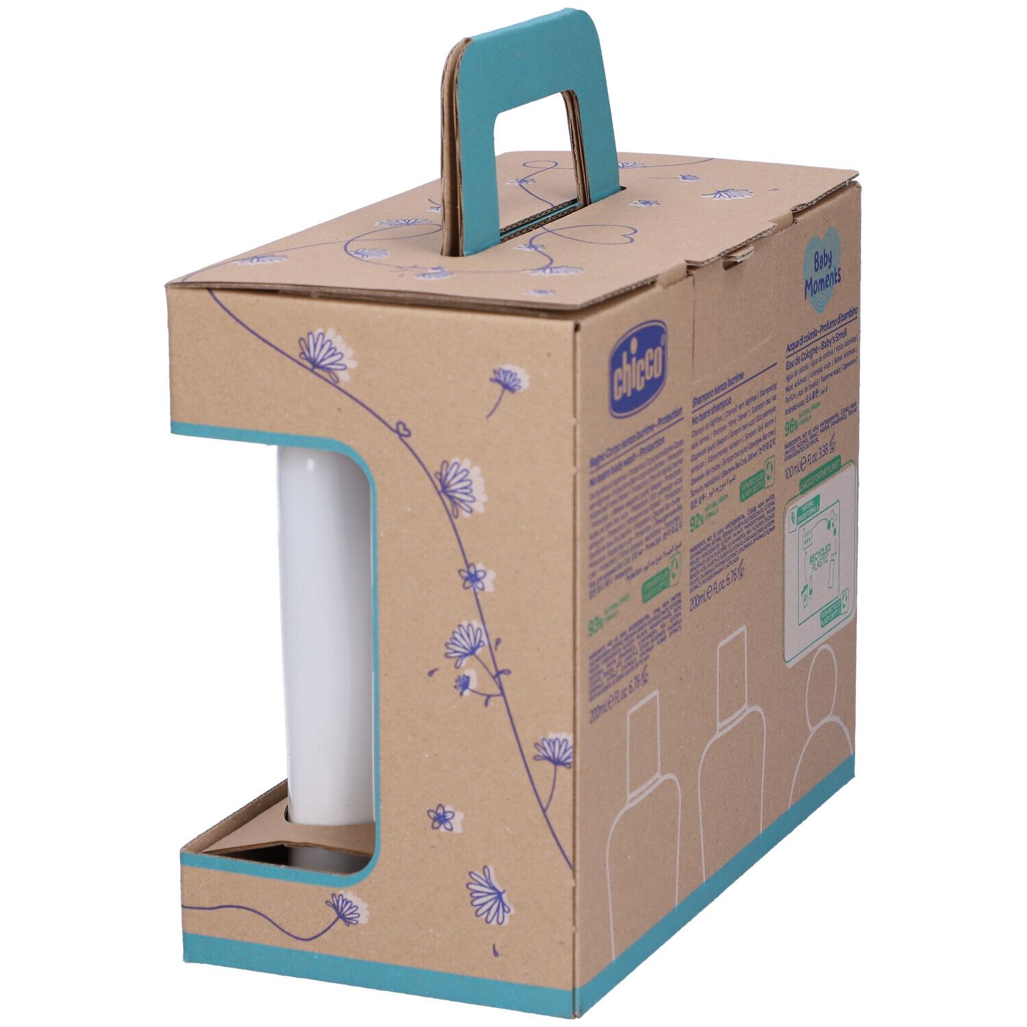 Set di prodotti per l'infanzia in confezione di cartone con manico. Contiene una bottiglia. Scritta: Baby Moments, 0m+.