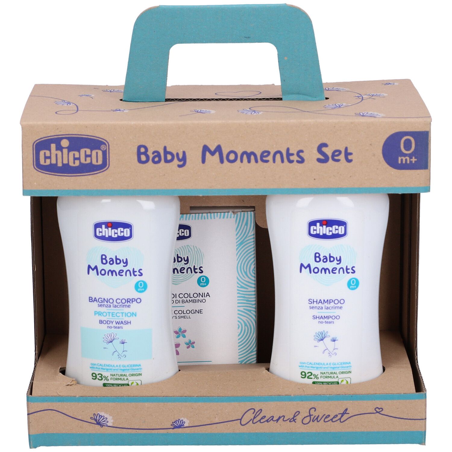Set di prodotti per l'infanzia in confezione di cartone con manico. Contiene flaconi e sapone. Scritta: Baby Moments, 0m+.