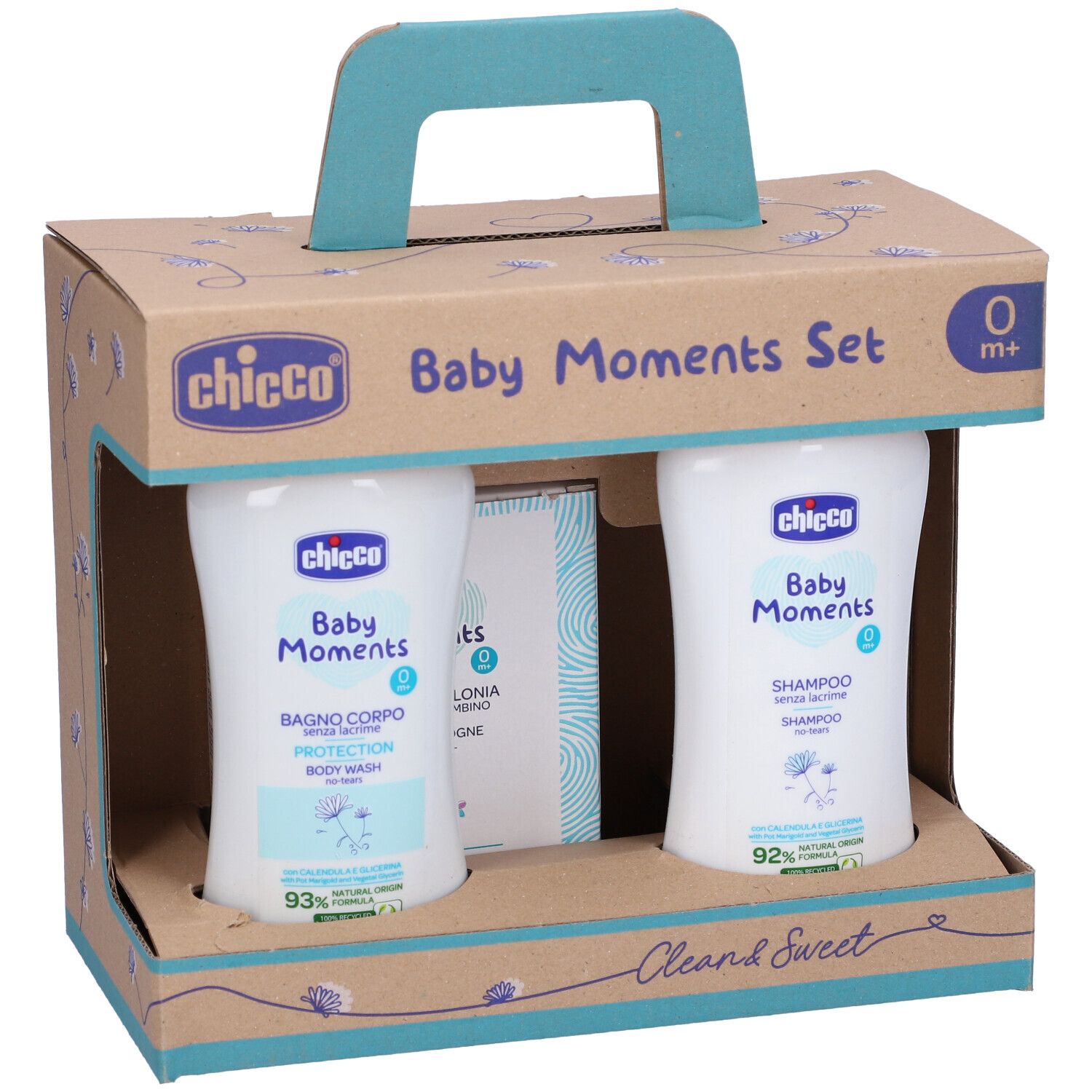 Set di prodotti per l'infanzia in confezione di cartone con manico. Contiene flaconi e sapone. Scritta: Baby Moments, 0m+.