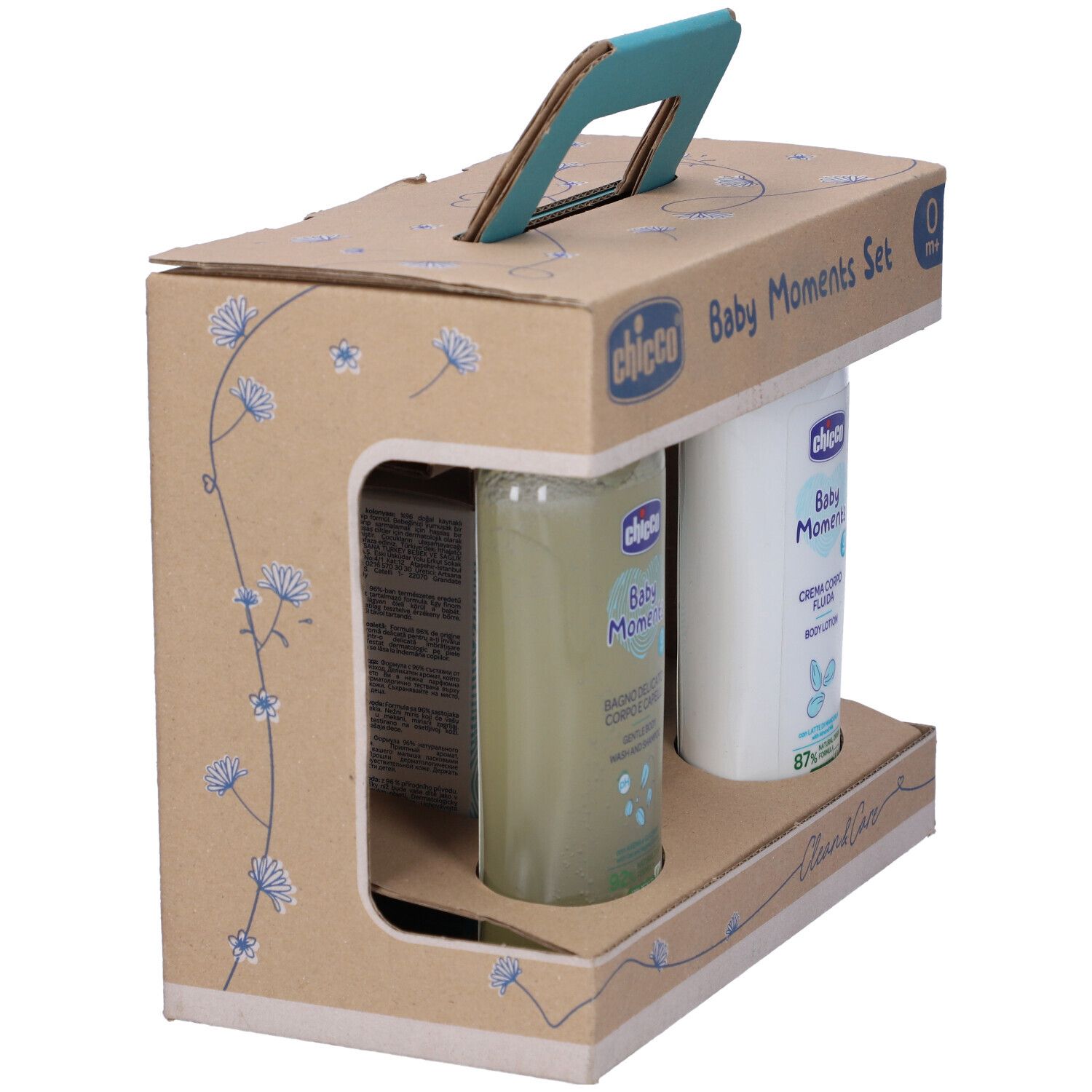Set regalo con prodotti per la cura del bambino in scatola di cartone con manico. Prodotti: bagnoschiuma, lozione. Con finestra.