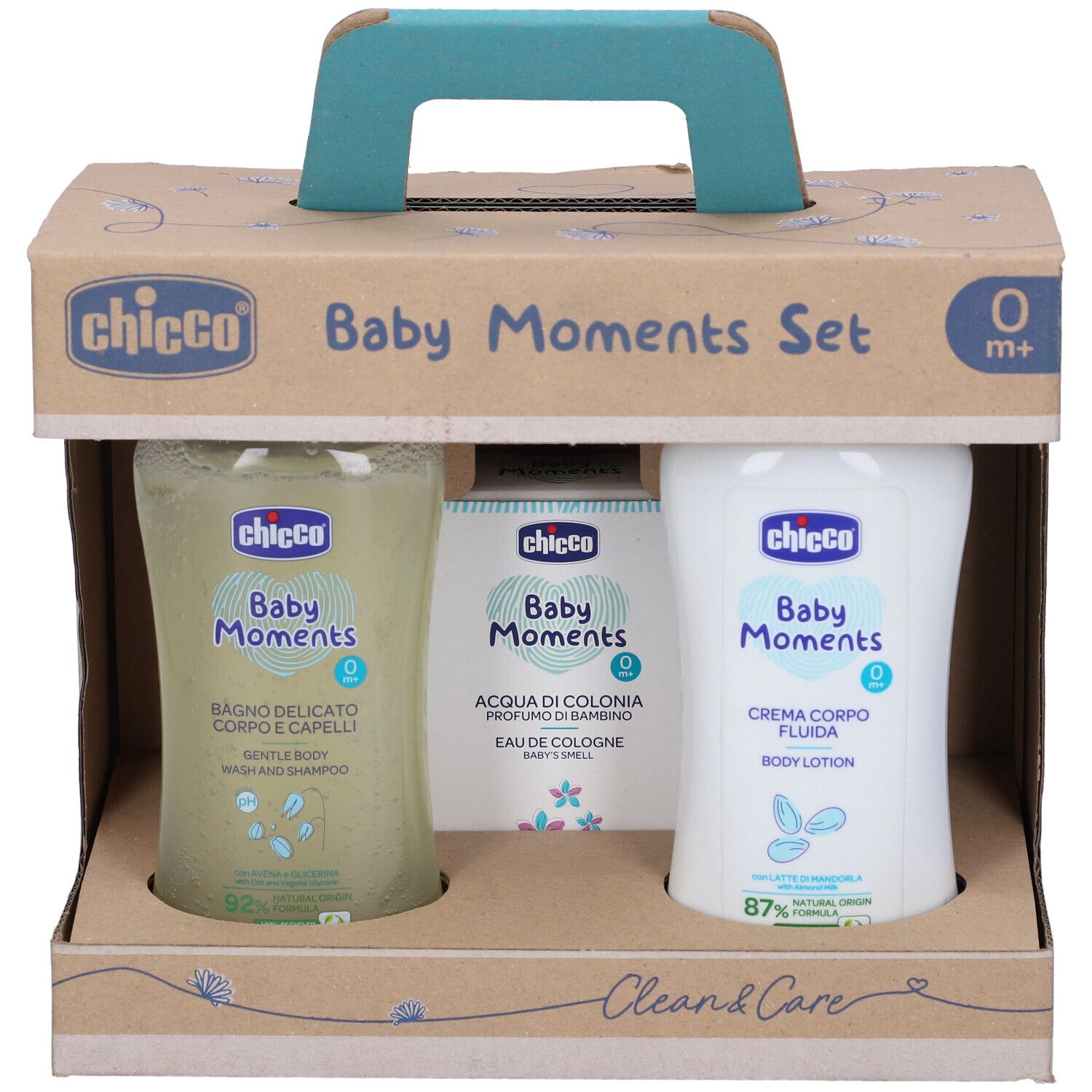 Set regalo con tre prodotti per la cura del bambino in una scatola di cartone con manico. Prodotti: bagnoschiuma, acqua di colonia, lozione per il corpo.
