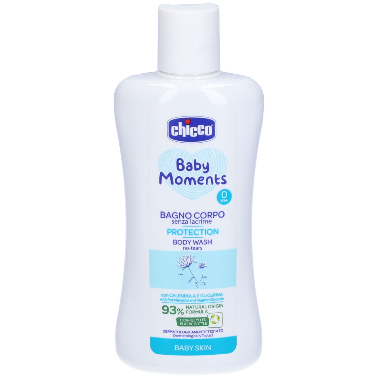 Flacone bianco con etichetta blu. Scritta: Chicco Baby Moments, Bagno Corpo, Protection. Formula naturale al 93%.