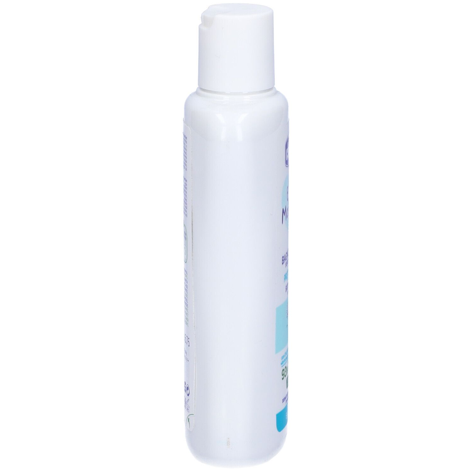 Flacone bianco stretto con etichetta blu. Scritta: Chicco Baby Moments. Informazioni sul prodotto e ingredienti.