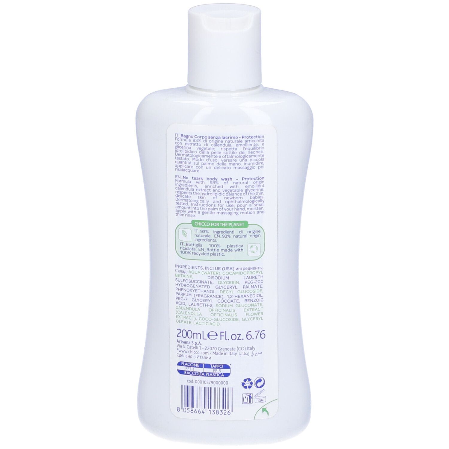 Retro di un flacone bianco. Testo: informazioni prodotto, ingredienti, 200ml, logo riciclo. Marca: Chicco.