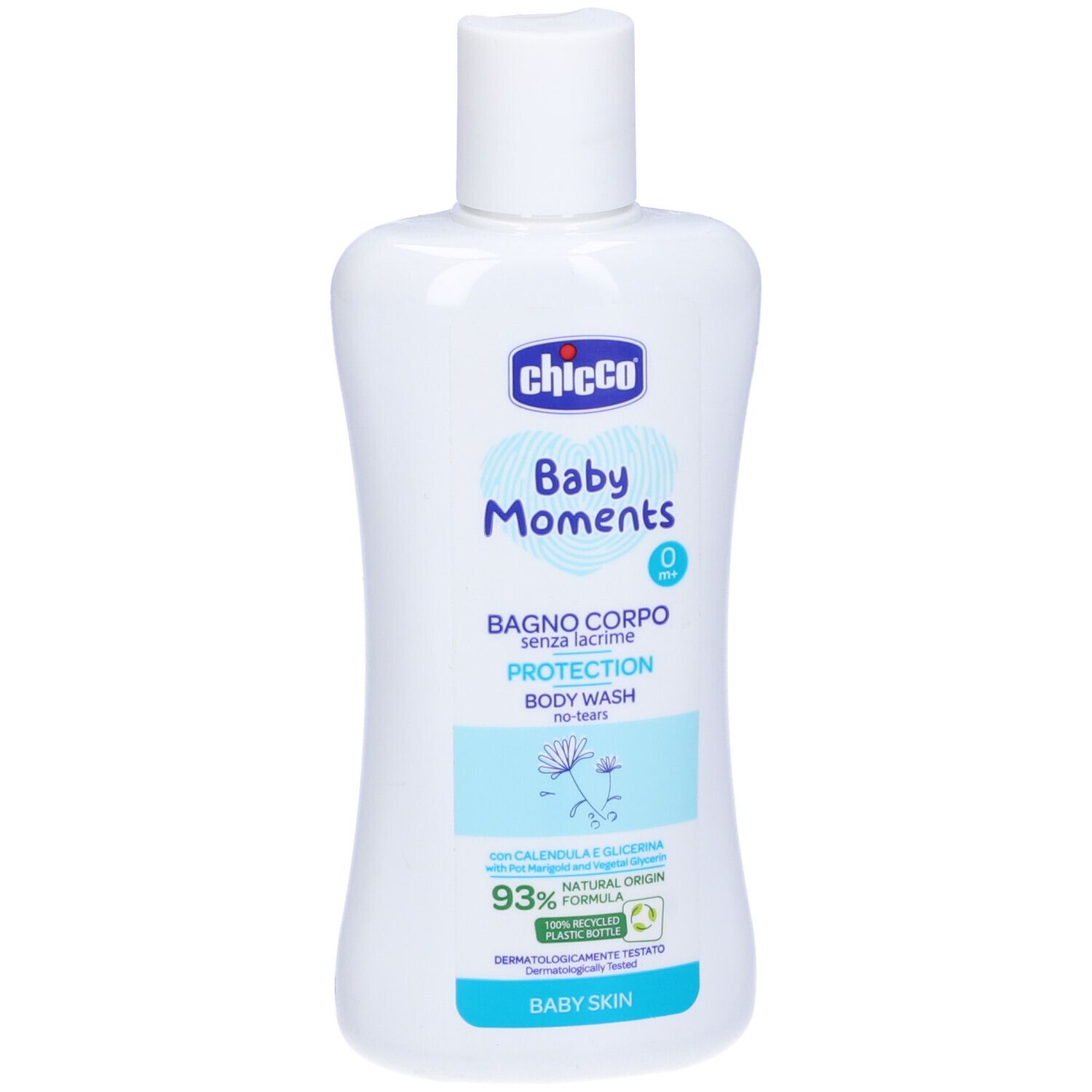 Flacone bianco con etichetta blu. Scritta: Chicco Baby Moments, Bagno Corpo, Protection. Formula naturale al 93%.