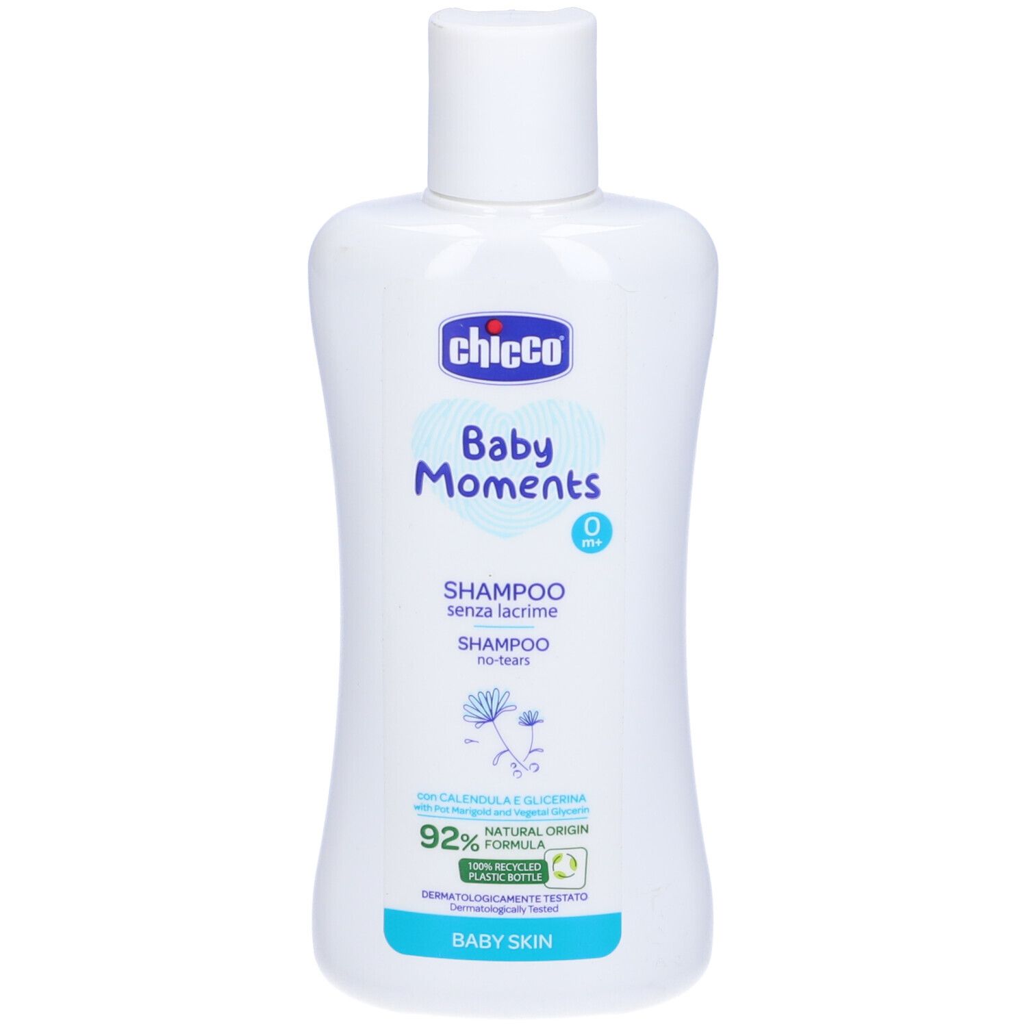 Flacone di shampoo per bambini. Scritta: Chicco Baby Moments Shampoo senza lacrime. 92% ingredienti naturali. Tappo bianco.