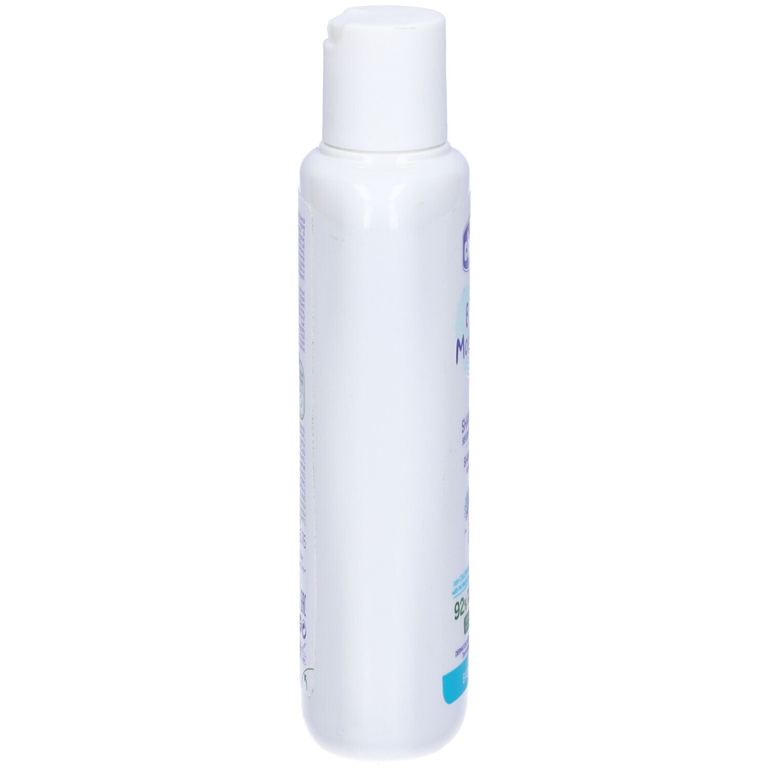 Flacone bianco per bambini, vista laterale. Scritta: Chicco Baby Moments Shampoo senza lacrime. 92% ingredienti naturali. Tappo bianco.