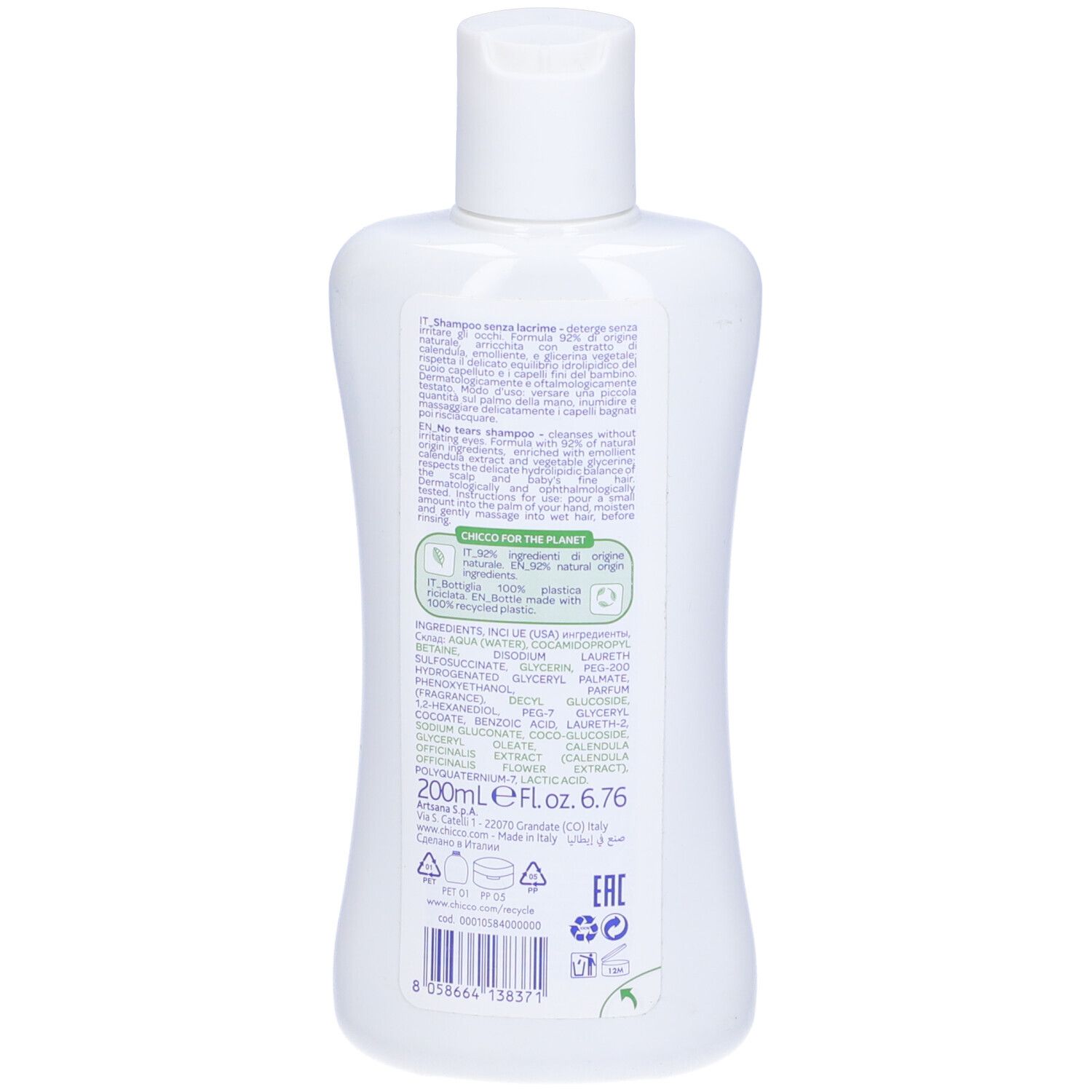 Retro del flacone per bambini. Testo con ingredienti e informazioni. 200ml. Logo bottiglia riciclata. Prodotto in Italia.