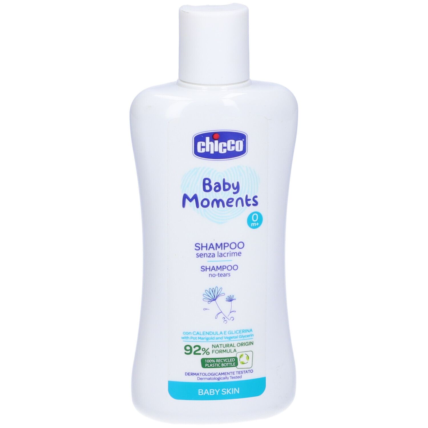 Flacone di shampoo per bambini. Scritta: Chicco Baby Moments Shampoo senza lacrime. 92% ingredienti naturali. Tappo bianco.