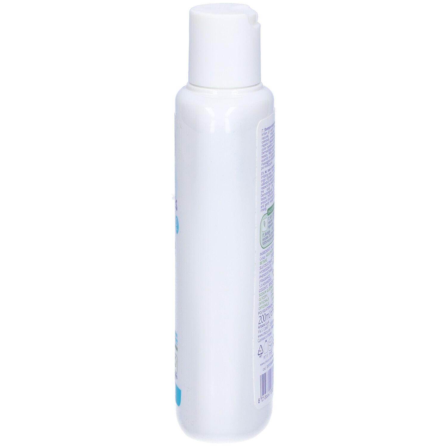 Flacone bianco per bambini, vista laterale. Scritta: Chicco Baby Moments Shampoo senza lacrime. 92% ingredienti naturali. Tappo bianco.