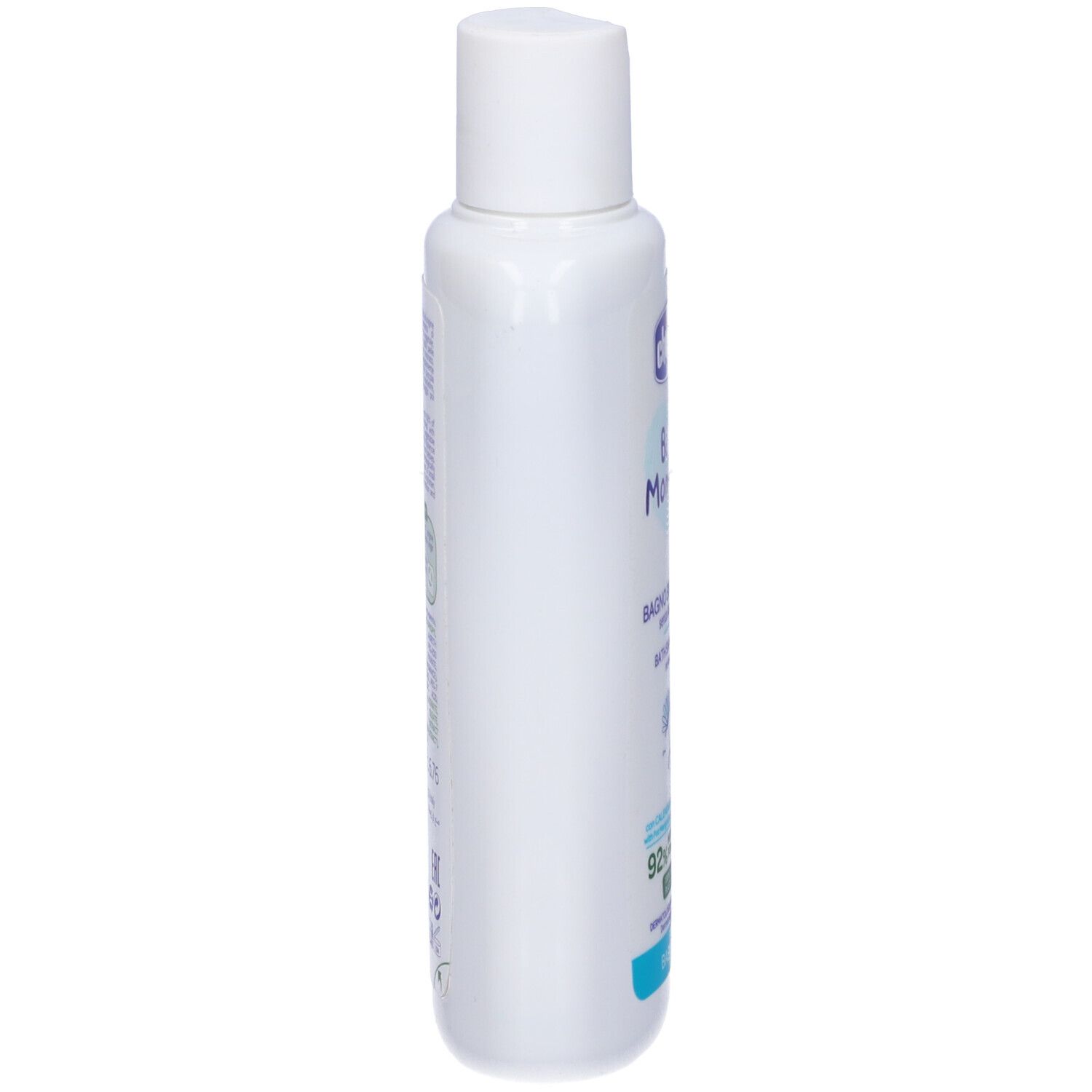 Flacone bianco, vista laterale. Scritto: Chicco Baby Moments, bagno shampoo senza lacrime. Formula naturale al 92%.