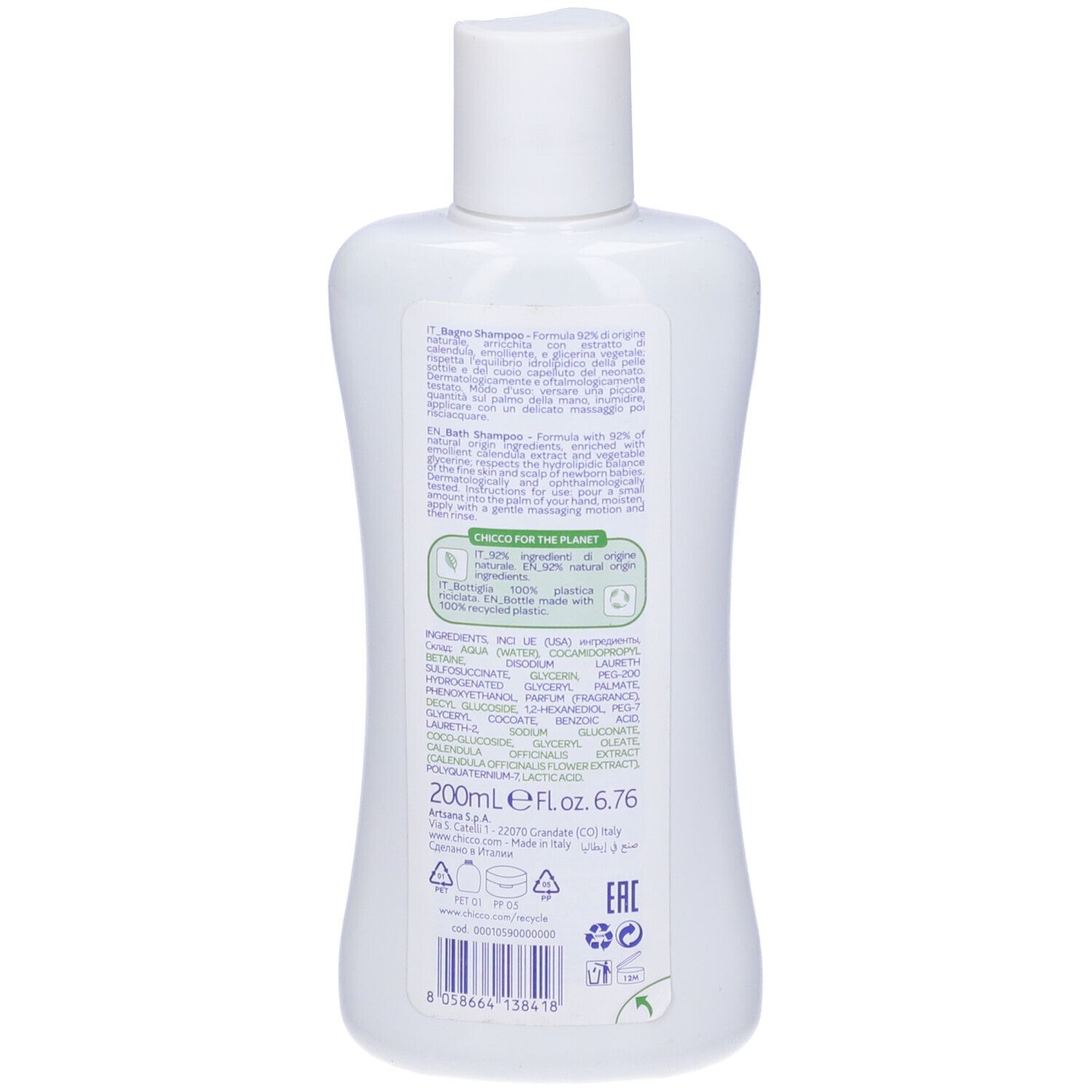 Retro del flacone bianco. Testo: bagno shampoo, 200ml, ingredienti, formula naturale al 92%, dermatologicamente testato.