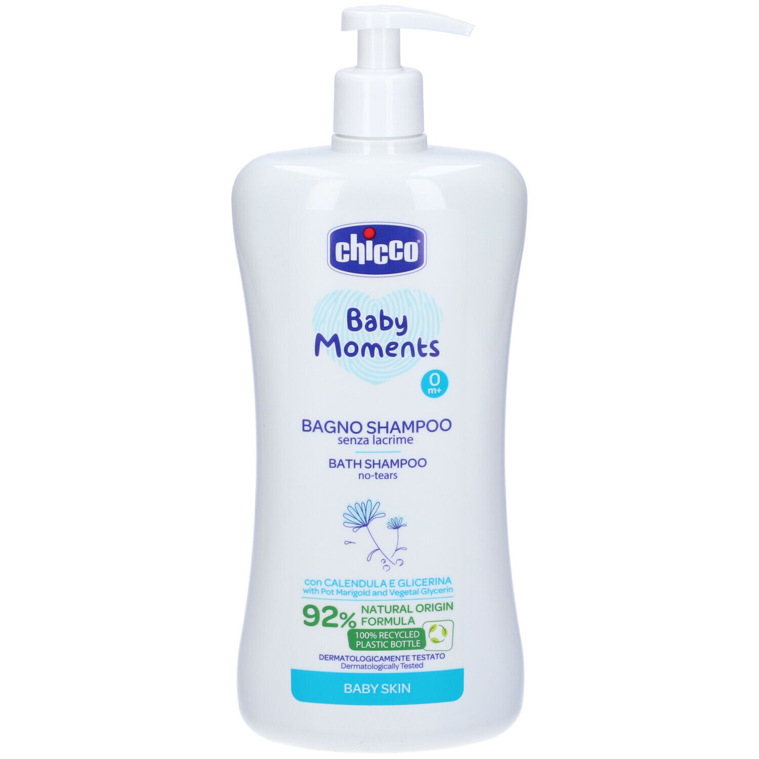 Flacone bianco con dosatore. Scritta: Chicco Baby Moments Bagno Shampoo Senza Lacrime. Formula naturale al 92%.