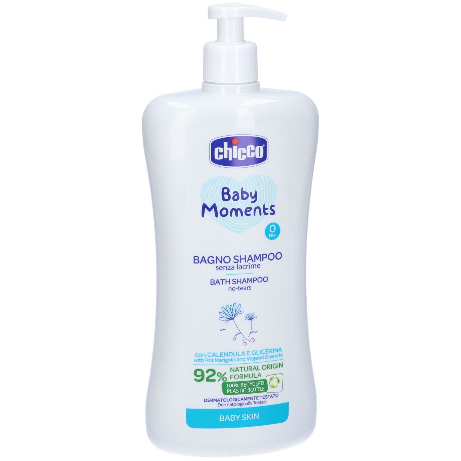 Flacone bianco con dosatore. Scritta: Chicco Baby Moments Bagno Shampoo Senza Lacrime. Formula naturale al 92%.