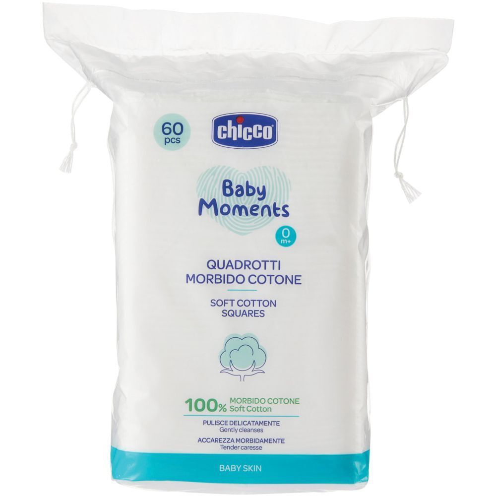 Confezione di quadrati di cotone. Scritta: Chicco Baby Moments, 60 pezzi, cotone morbido.