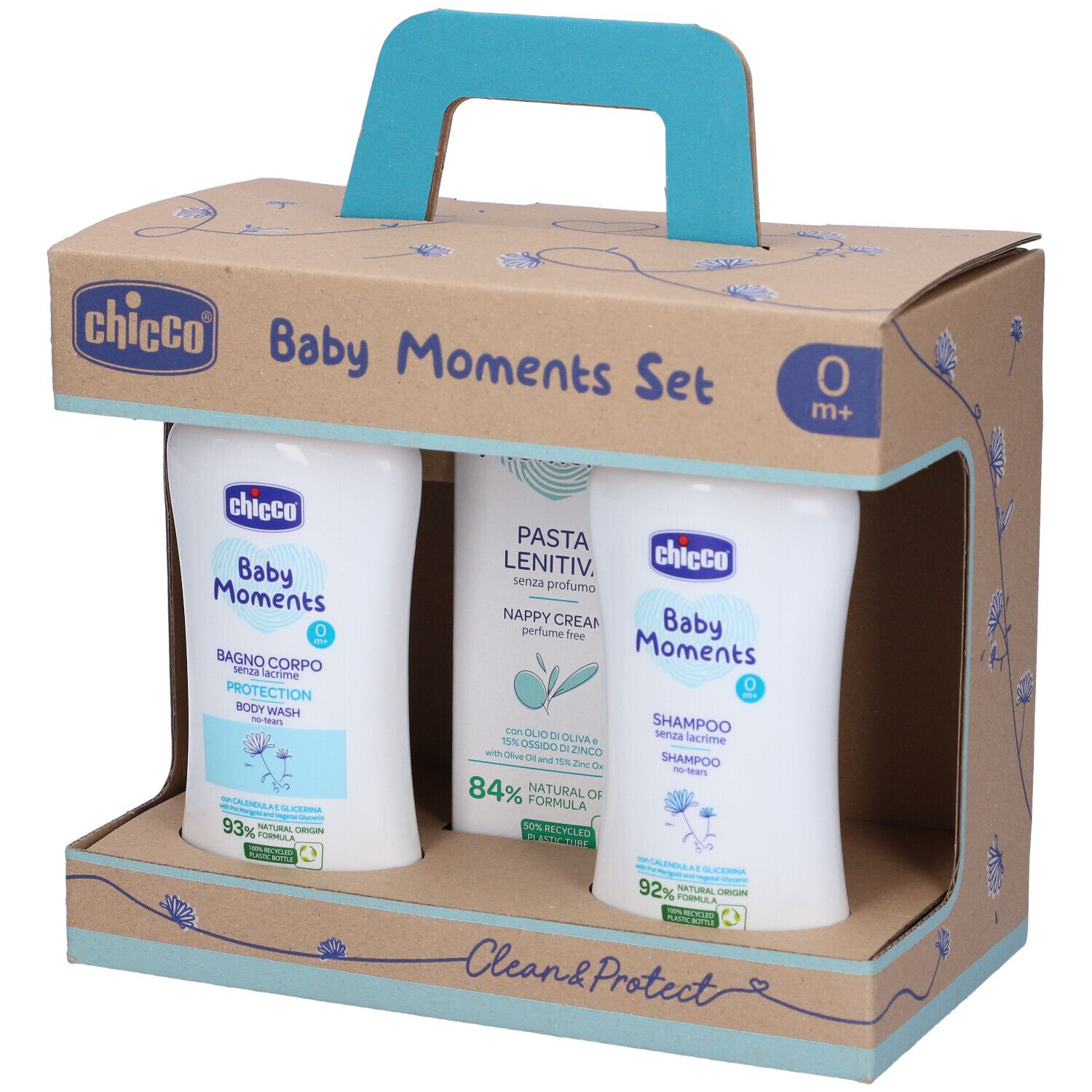 Set regalo con prodotti per bambini. Contiene due flaconi e un tubetto in una scatola di cartone con manico. Scritte: Baby Moments, 0m+.