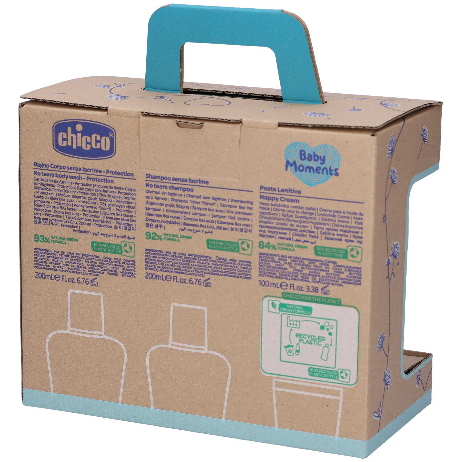 Retro della confezione regalo con prodotti per bambini. Testo e illustrazioni dei prodotti. Scritte: Baby Moments, ingredienti, istruzioni per il riciclo.