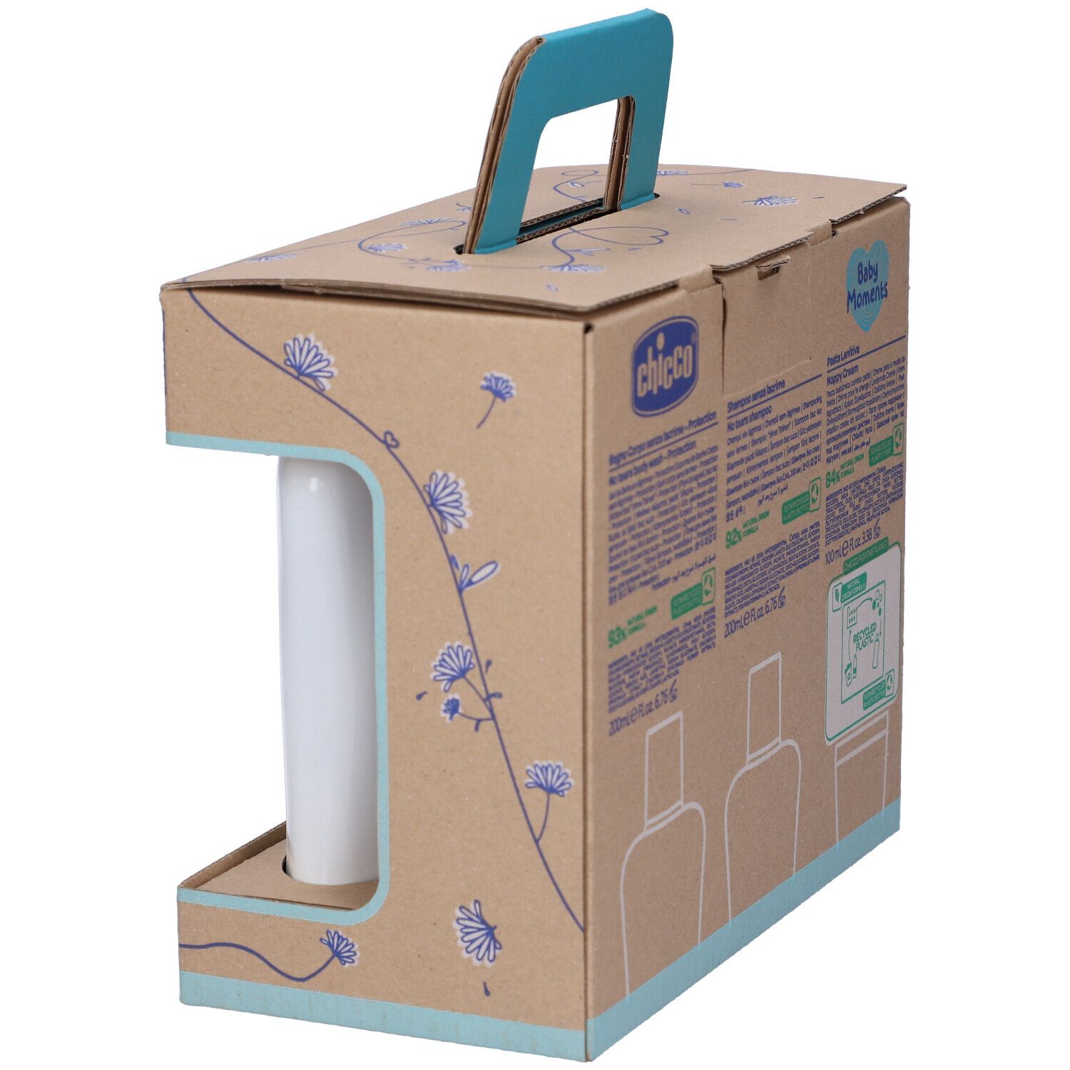 Set regalo con prodotti per bambini. Contiene un flacone in una scatola di cartone con manico. Scritte: Baby Moments, 0m+.