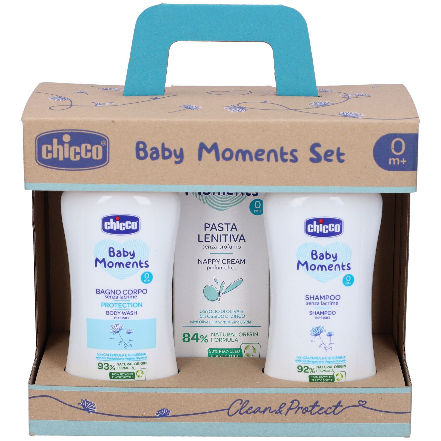 Set regalo con prodotti per bambini. Contiene due flaconi e un tubetto in una scatola di cartone con manico. Scritte: Baby Moments, 0m+.