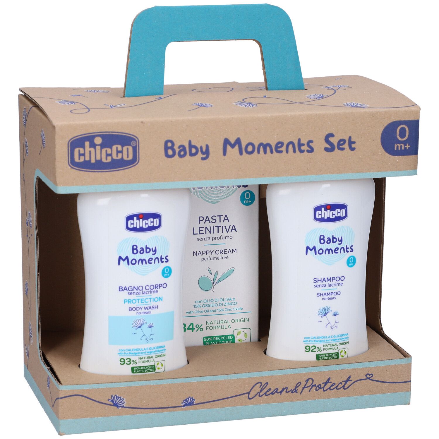 Set regalo con prodotti per bambini. Contiene due flaconi e un tubetto in una scatola di cartone con manico. Scritte: Baby Moments, 0m+.