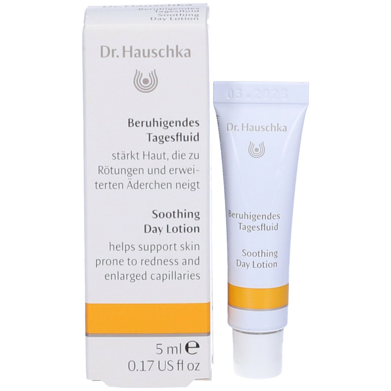 Confezione con tubo. Scritta 'Beruhigendes Tagesfluid' e 'Soothing Day Lotion'.